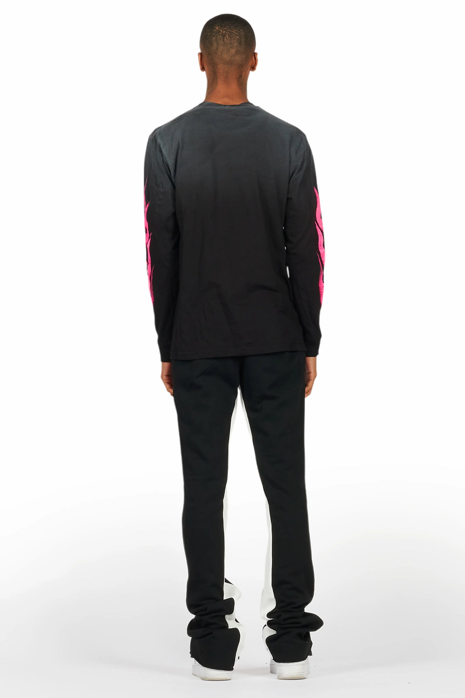 Banyan Black/Pink Long Sleeve T-Shirt/Stacked Baggy Track Pant Set