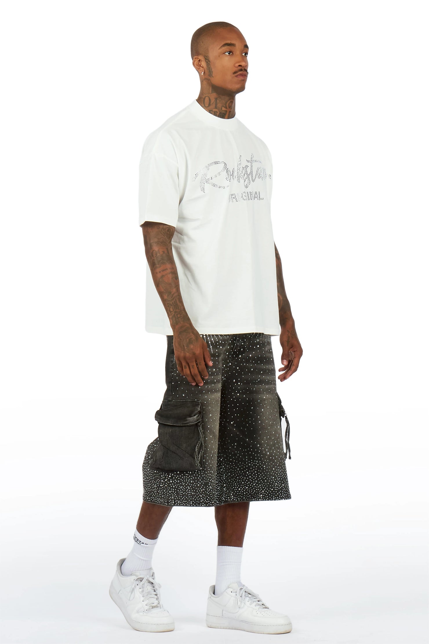 Keoni White Rhinestone T-Shirt Denim Jort Set