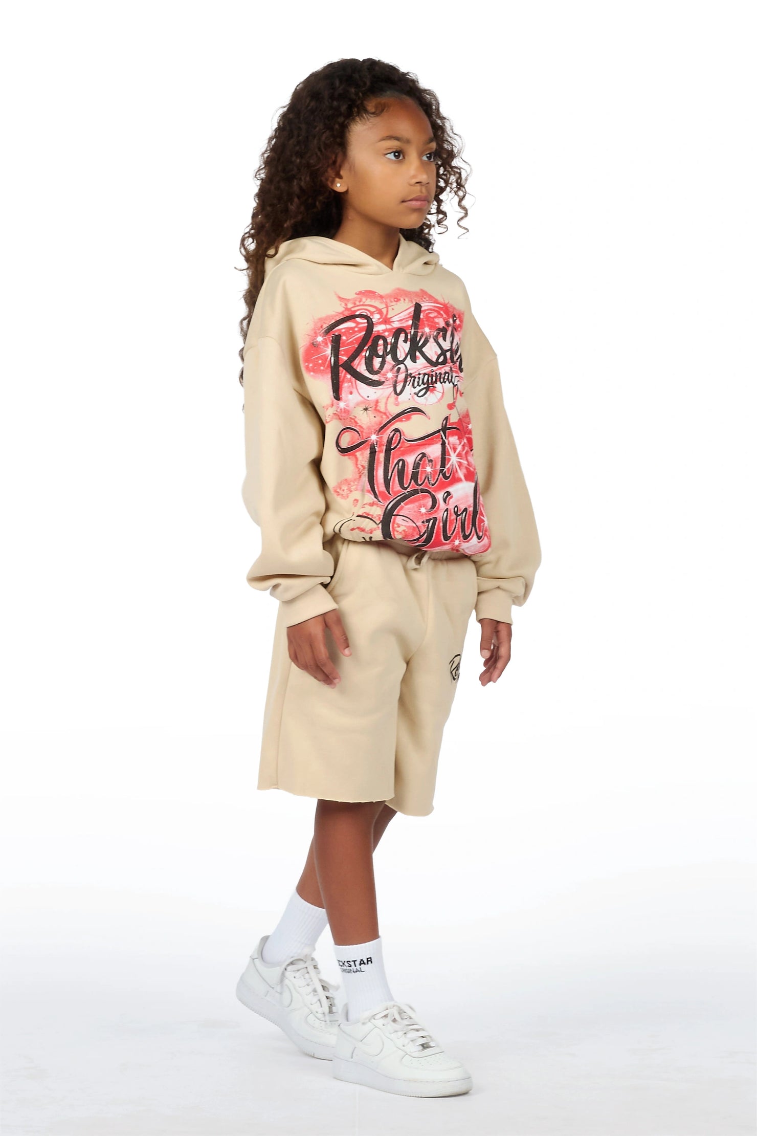 Girls Skye Beige/Burgundy Fleece Hoodie Short set