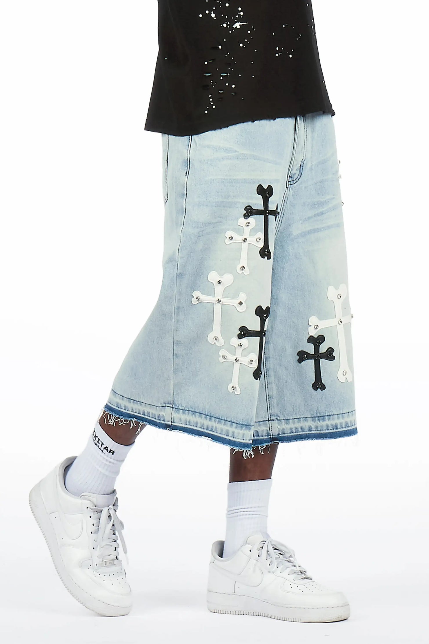 Olivier Light Blue Patch Rhinestone Denim Short