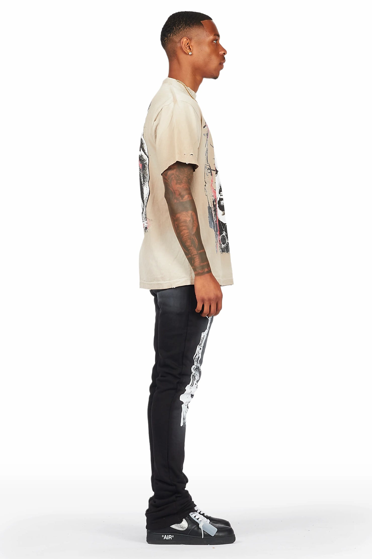 Mercy Beige/Black Oversized T-Shirt/ Stacked Flare Track Pant Set