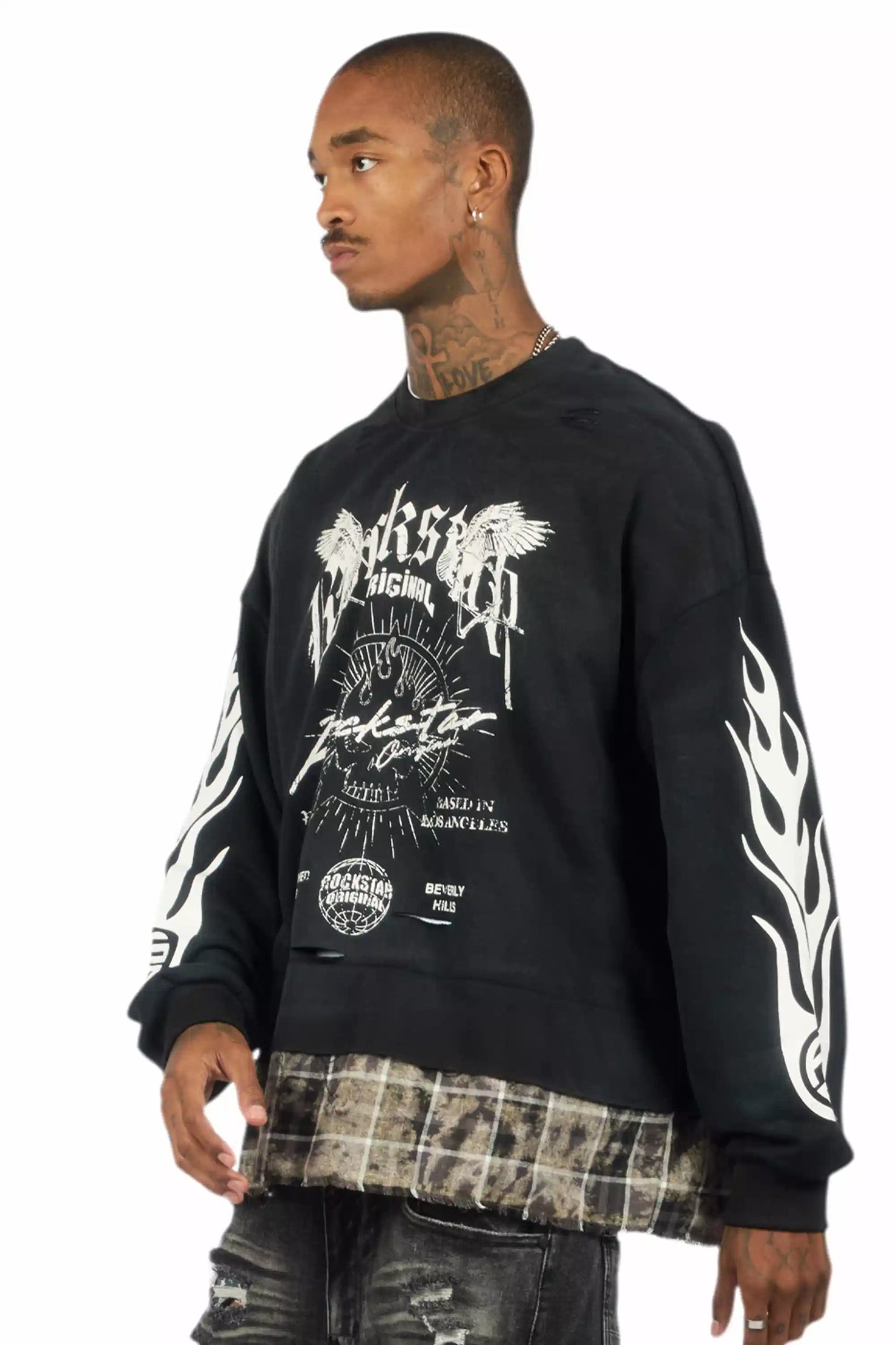 Hundo Black Graphic Flannel Crewneck