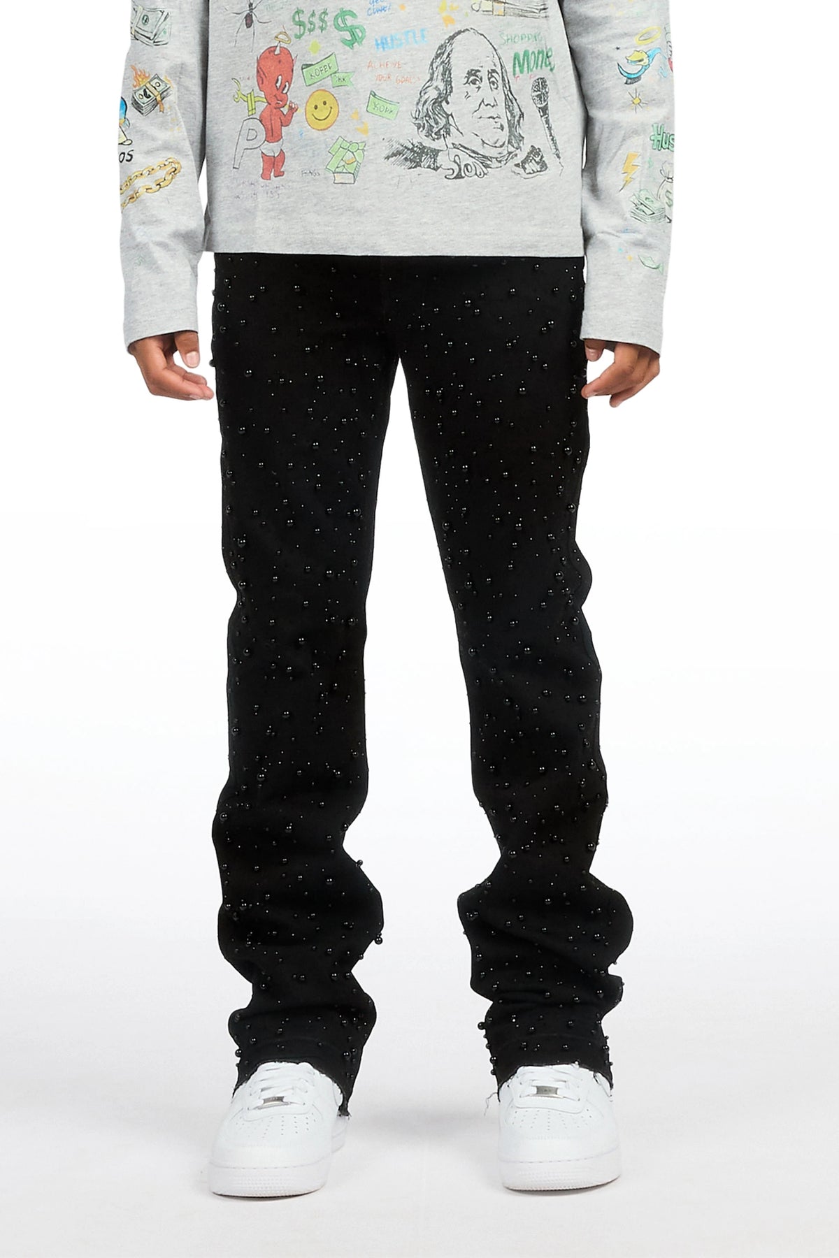 Boys Demir Black Rhinestone Stacked Flare Jean