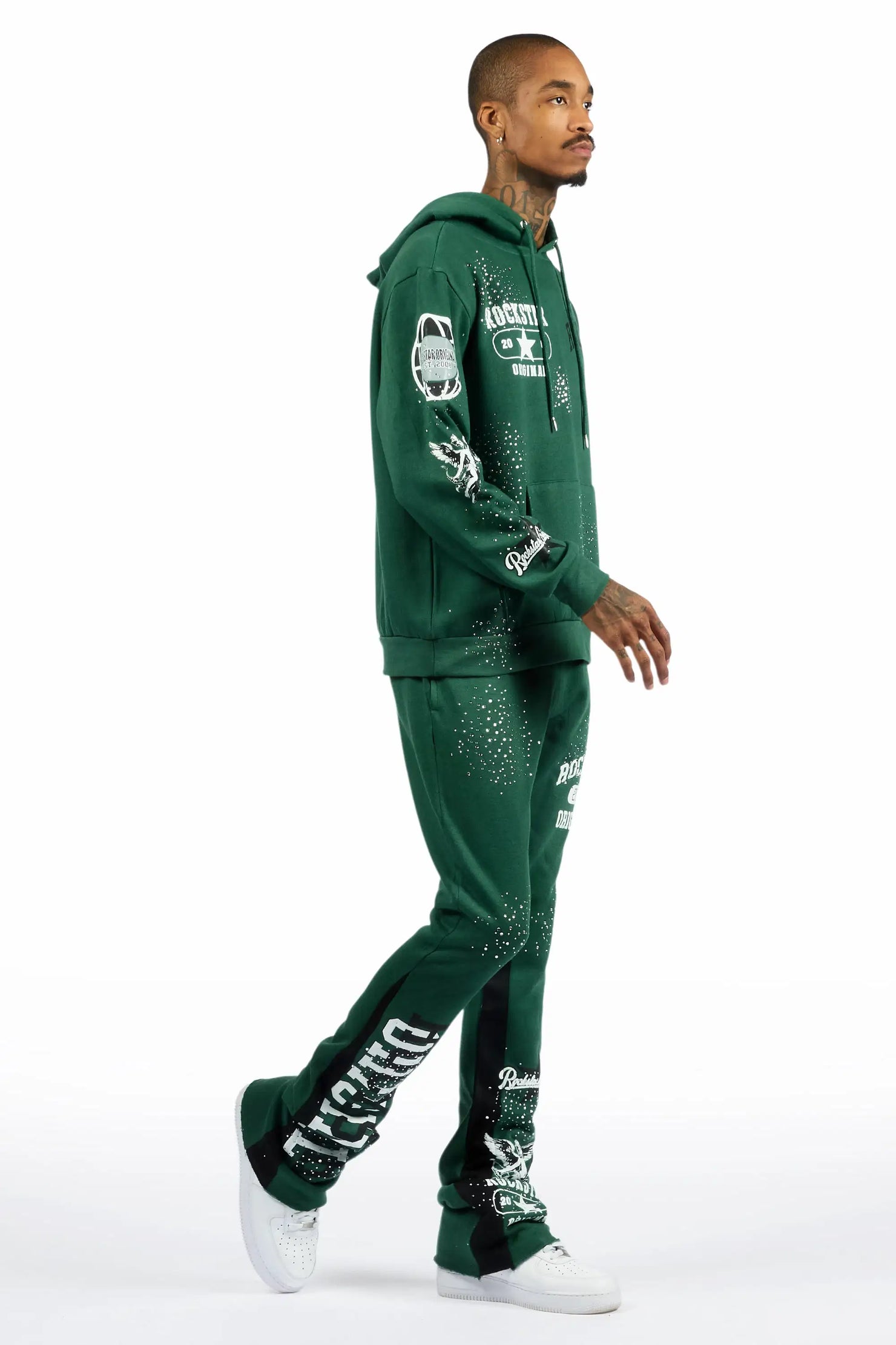 Gutta 2.0 Hunter Green Rhinestone Hoodie/Stacked Flare Track Set