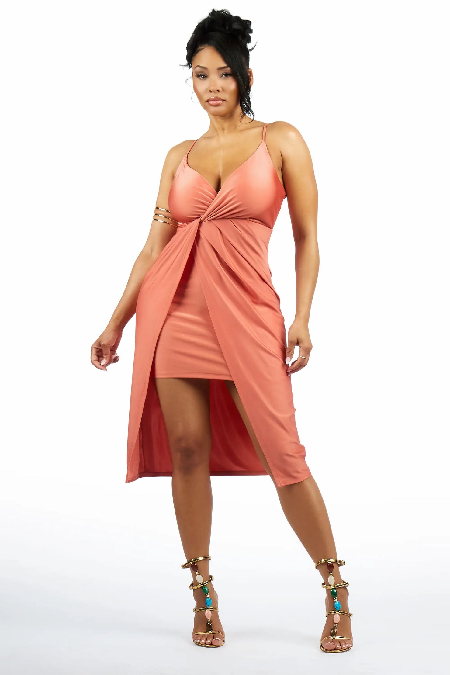 Criss-Cross Dark Peach Asym Midi Dress