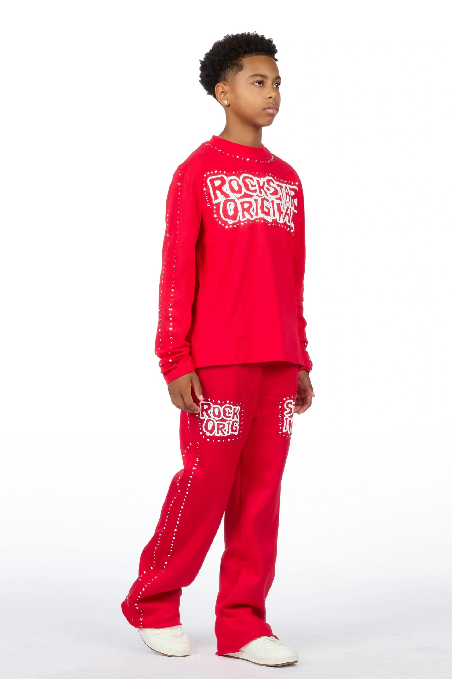 Boys Marc Red Rhinestone Long Sleeve Shirt Relaxed Track Set