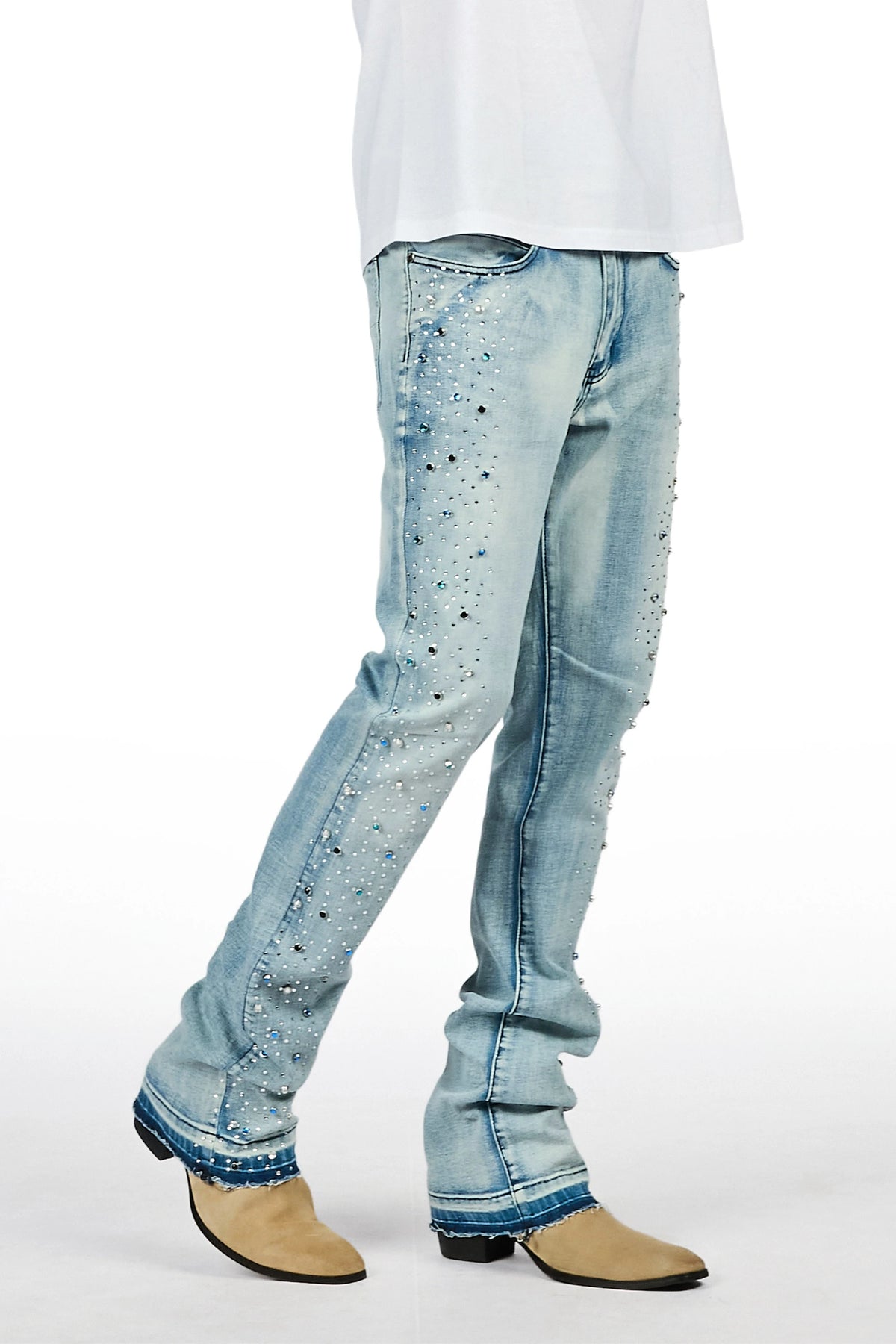Monty Light Blue Rhinestone Studded Stacked Flare Jean