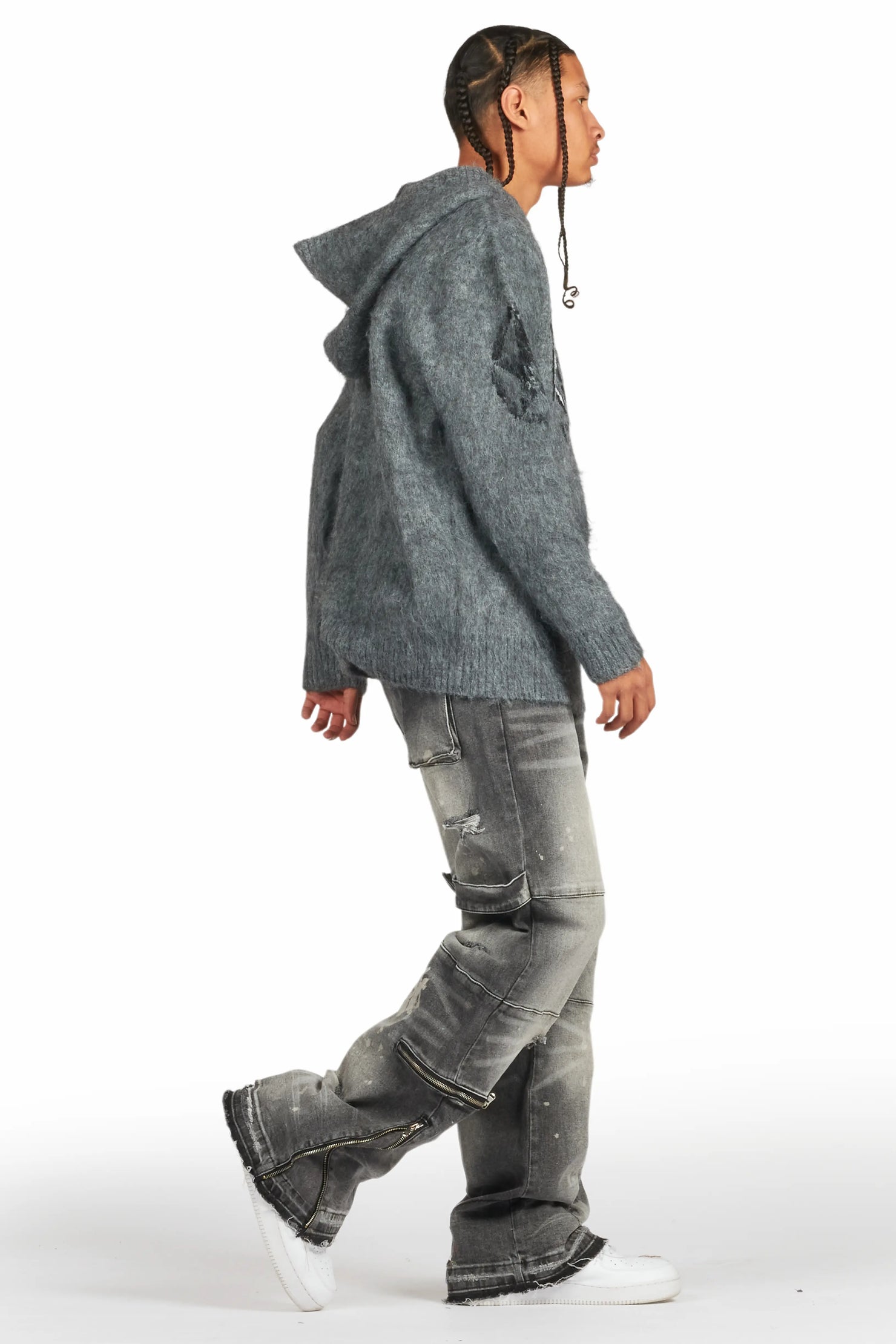 Wizzurd Grey Graphic Knitted Hoodie