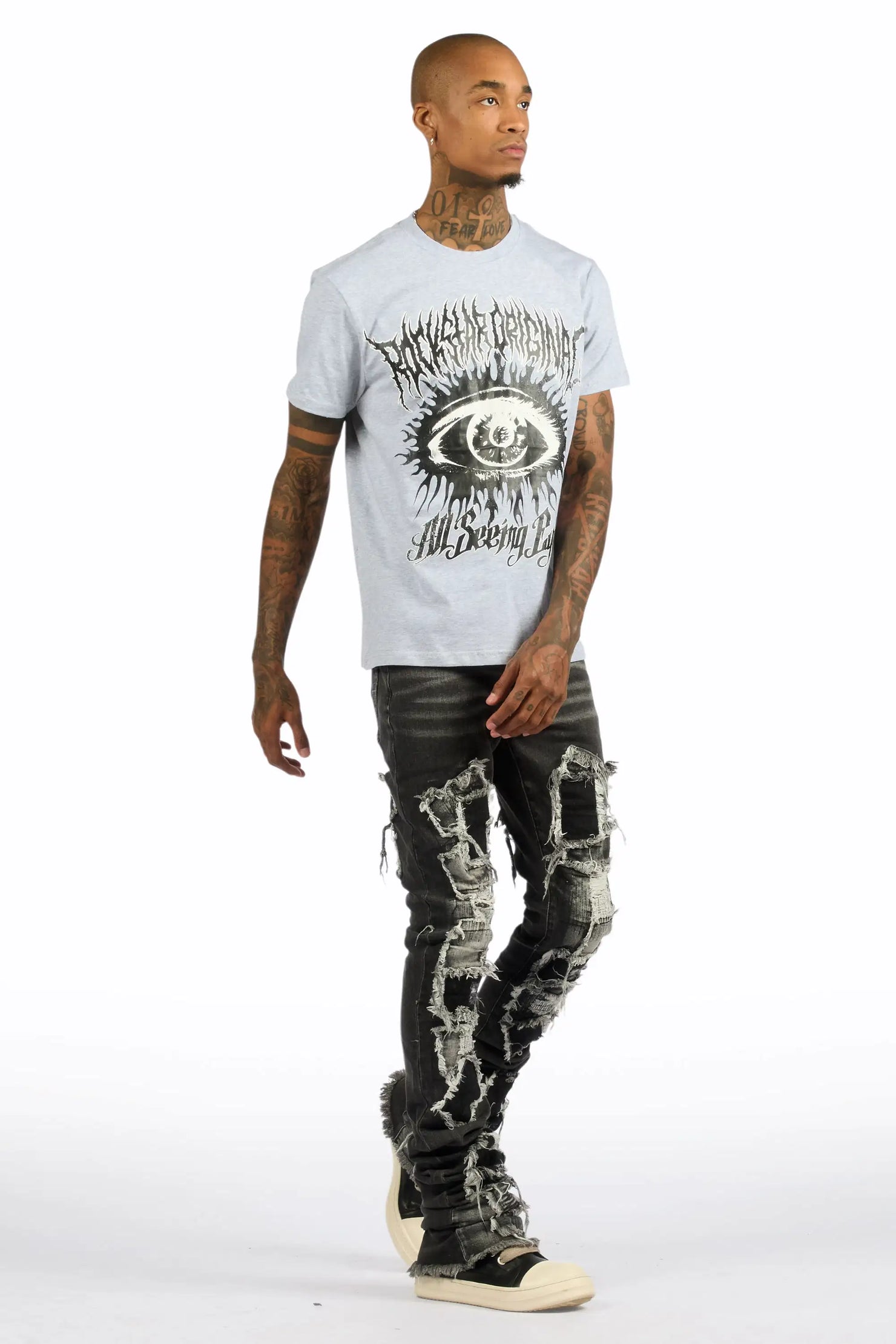 All Seeing Eyes Heather Grey T-Shirt/Super Stacked Flare Jean Bundle