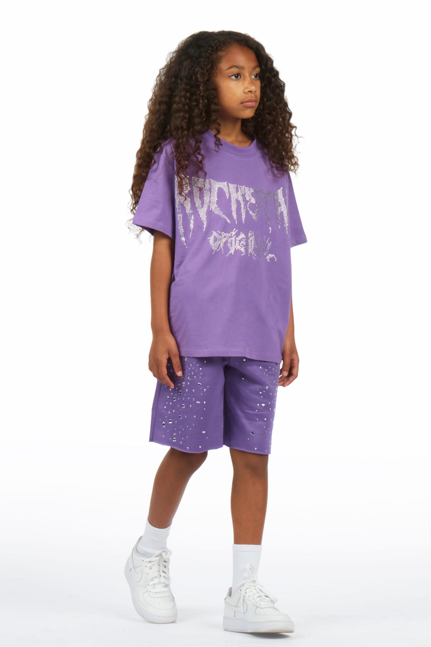 Girls Porsha Purple Rhinestone Short Set