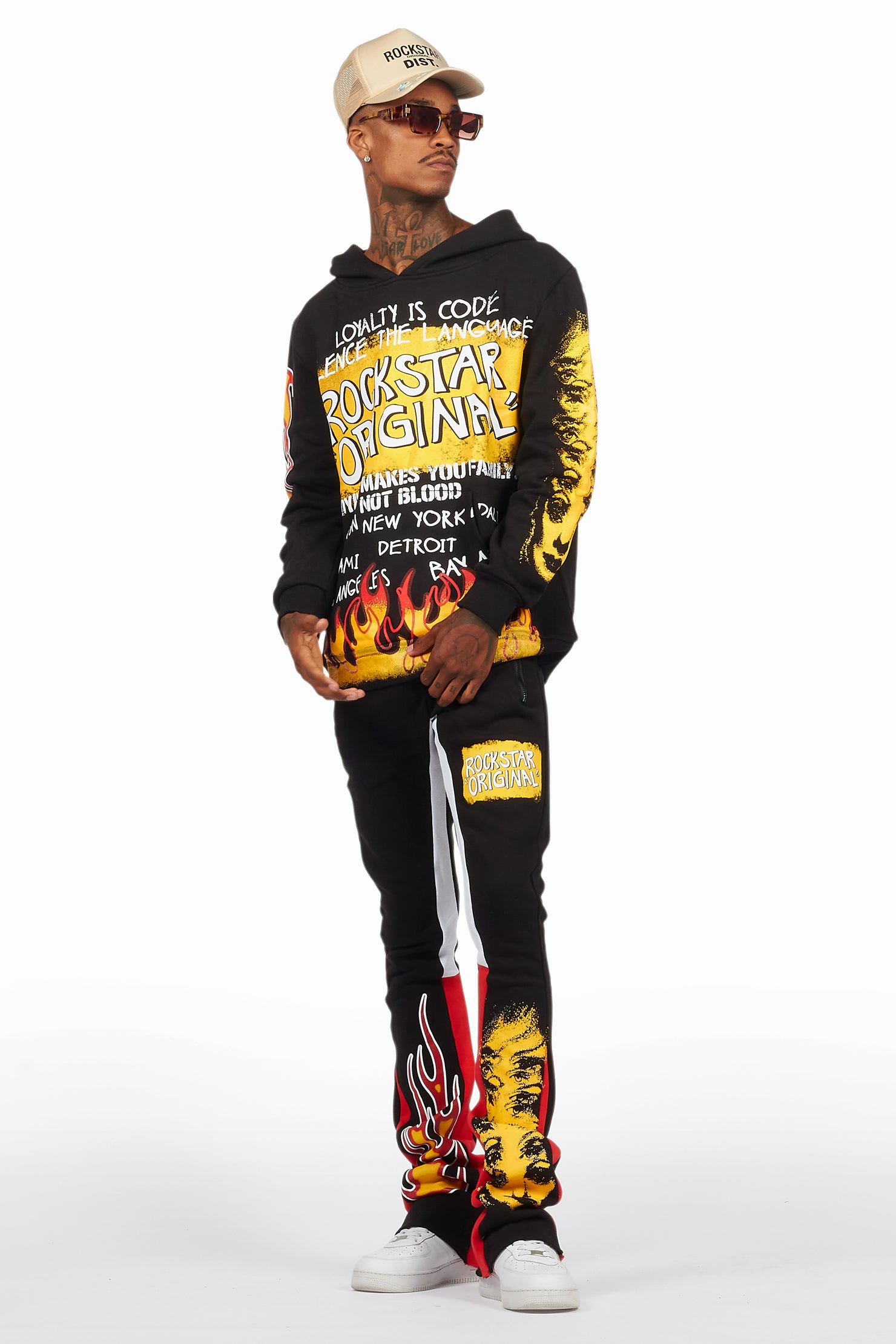 Beno Black/Yellow Stacked Flare Hoodie Track Set