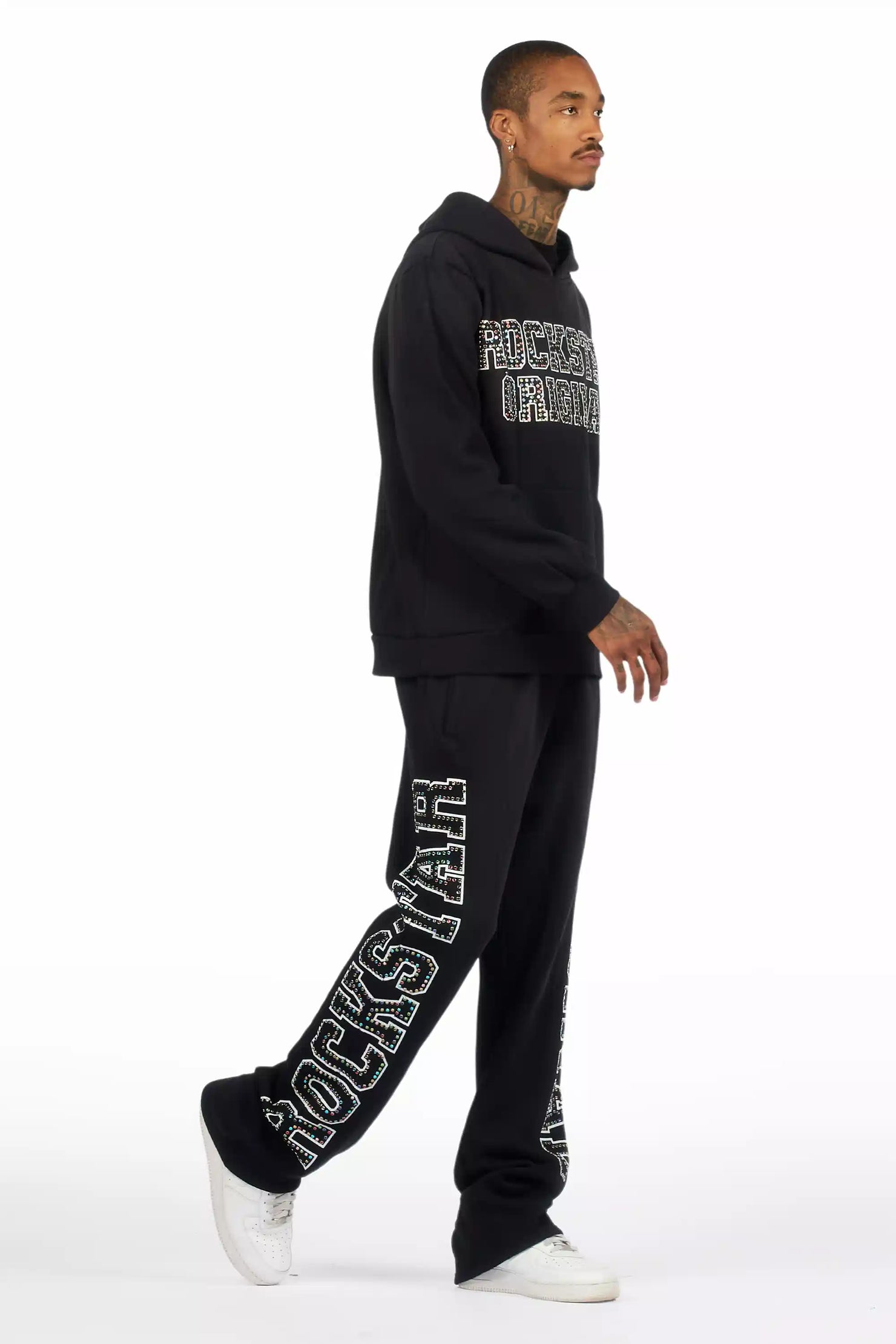 Ustin Black Rhinestone Hoodie Relaxed Track Set