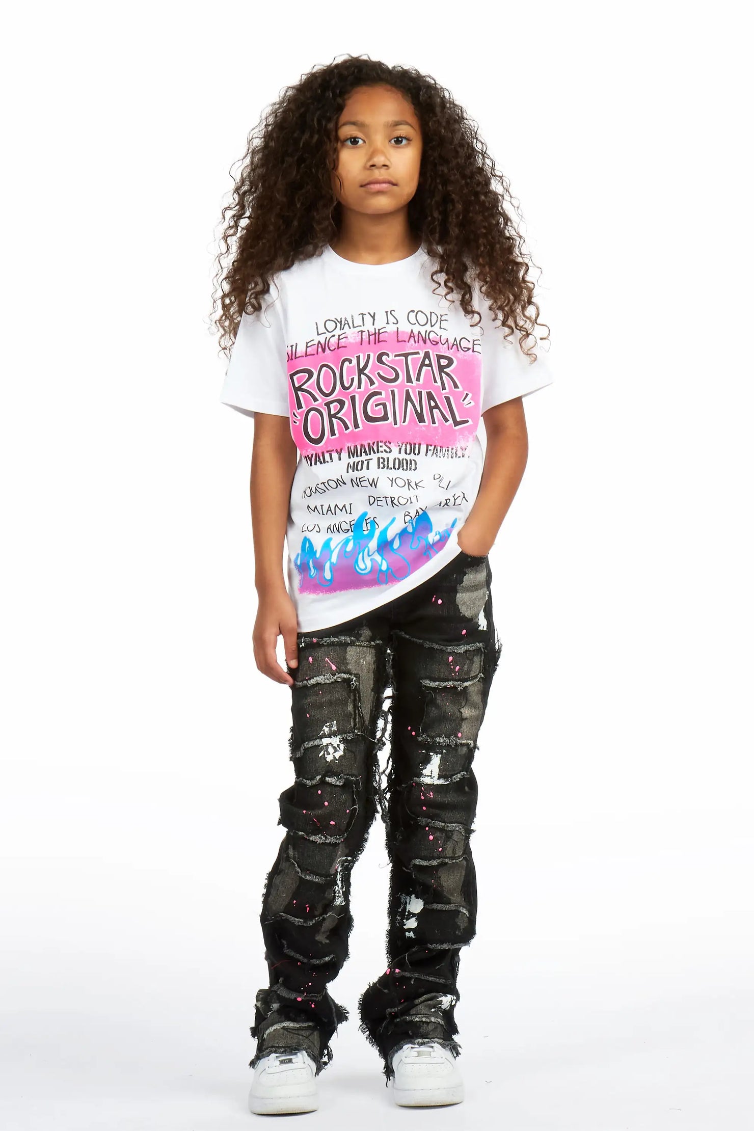 Girls Bannie Black/Pink Stacked Painter Flare Jean