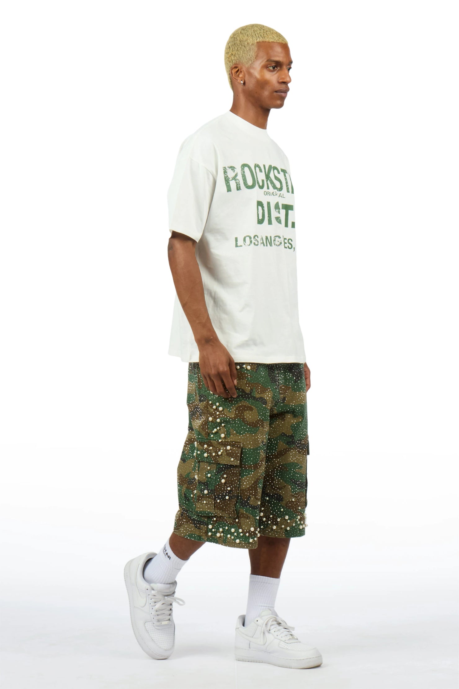 Sevyn White/Camo Rhinestone T-Shirt Denim Jort Set