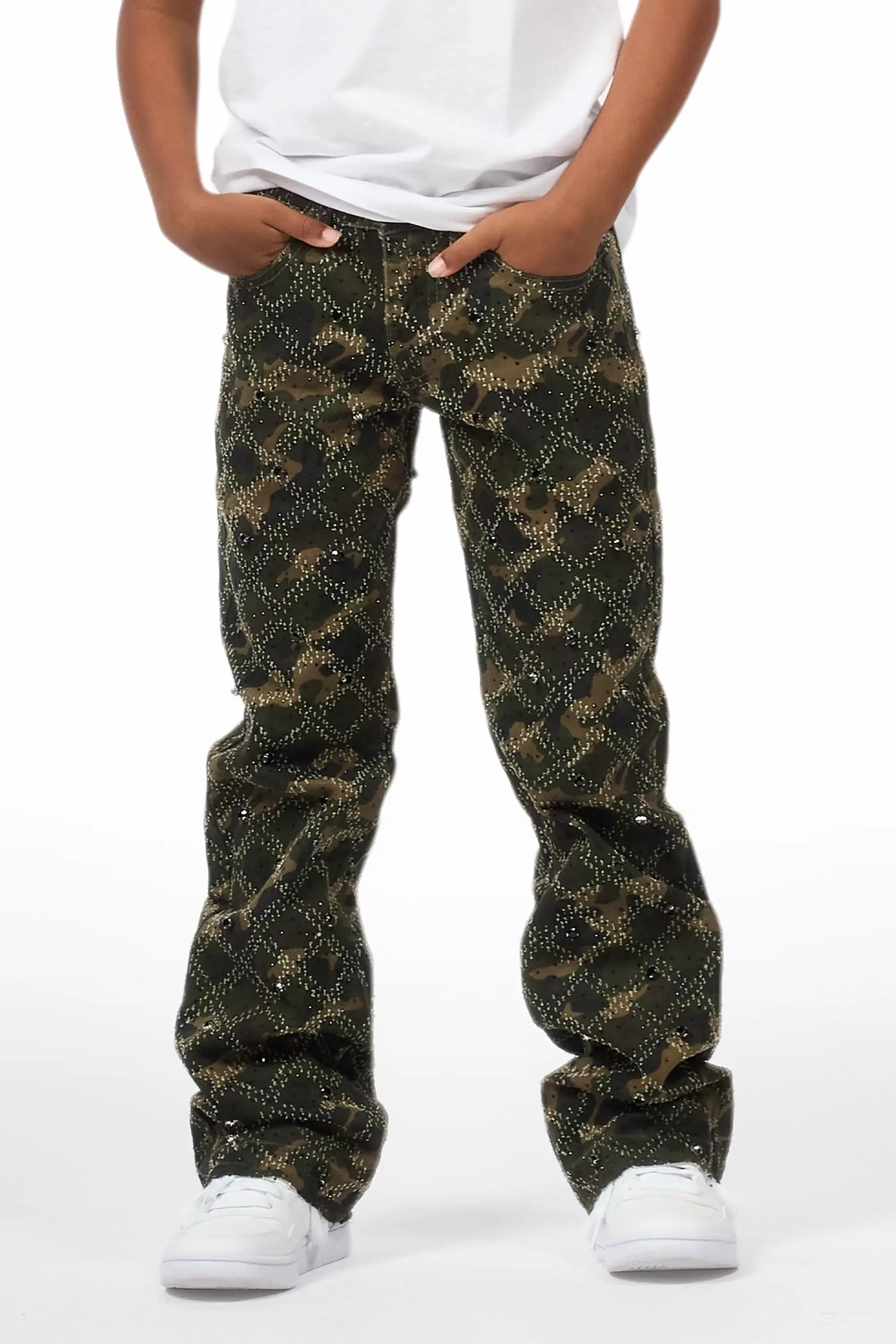 Boys Kassio Camo Rhinestone Stacked Flare Jean