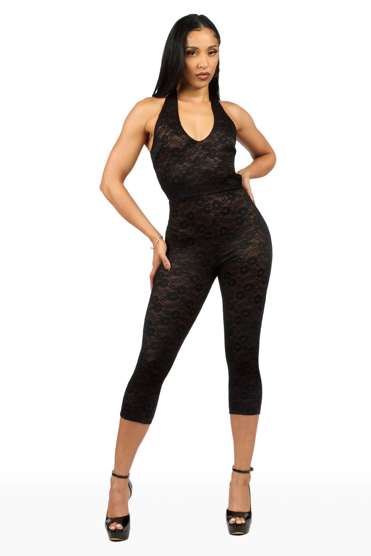 Lacey Floral Black Capri Jumpsuit