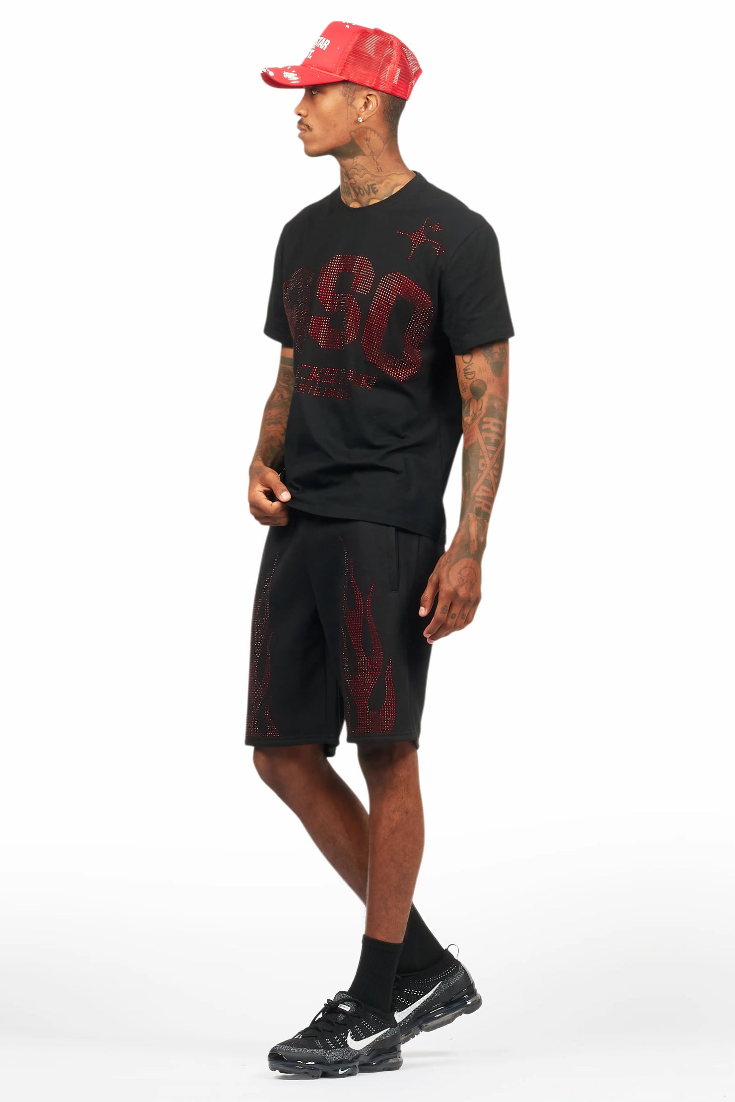 Bellamy Black/Red Rhinestone Tee Short Set