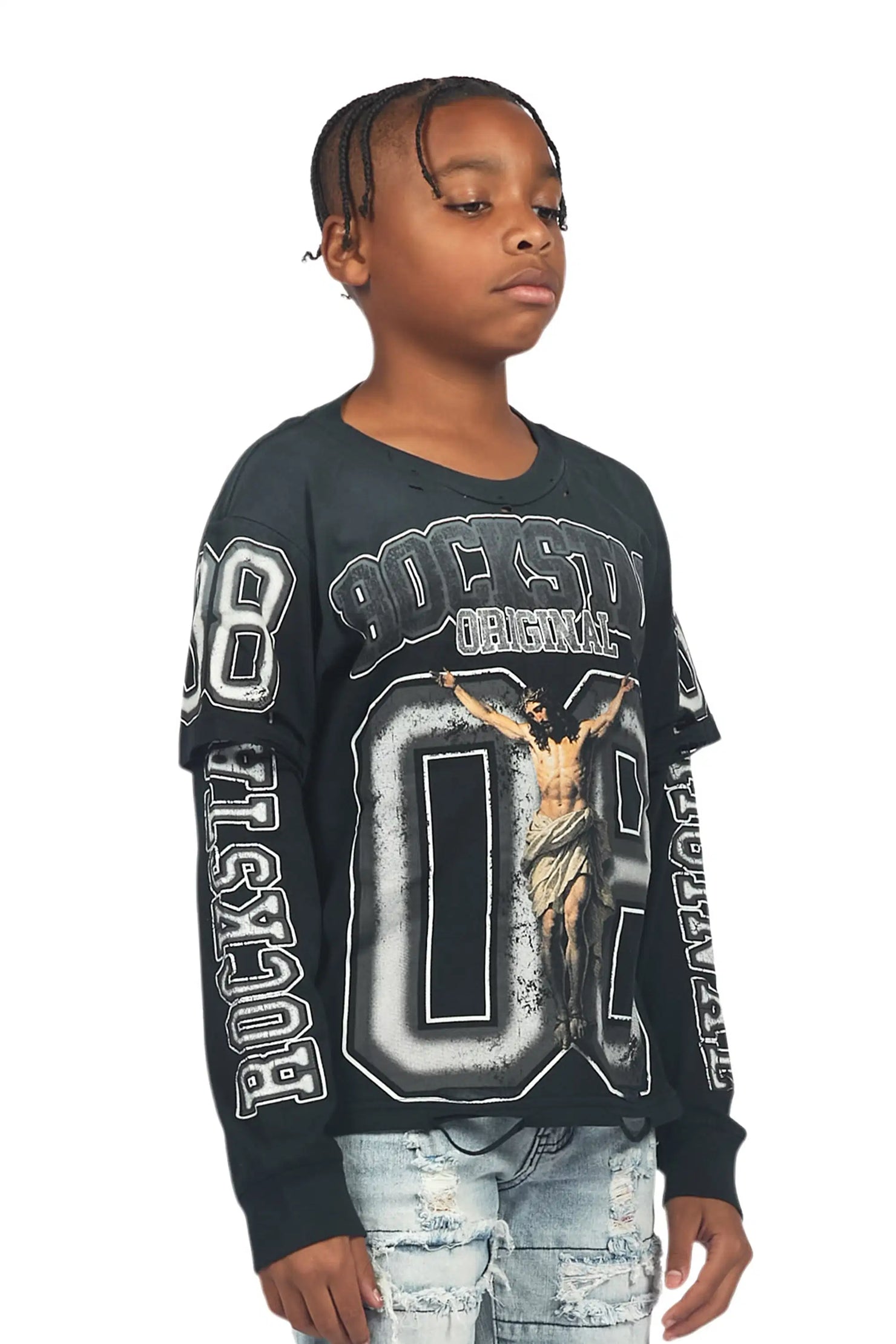 Boys Fields Black/White Double Layer L/S Graphic T-Shirt