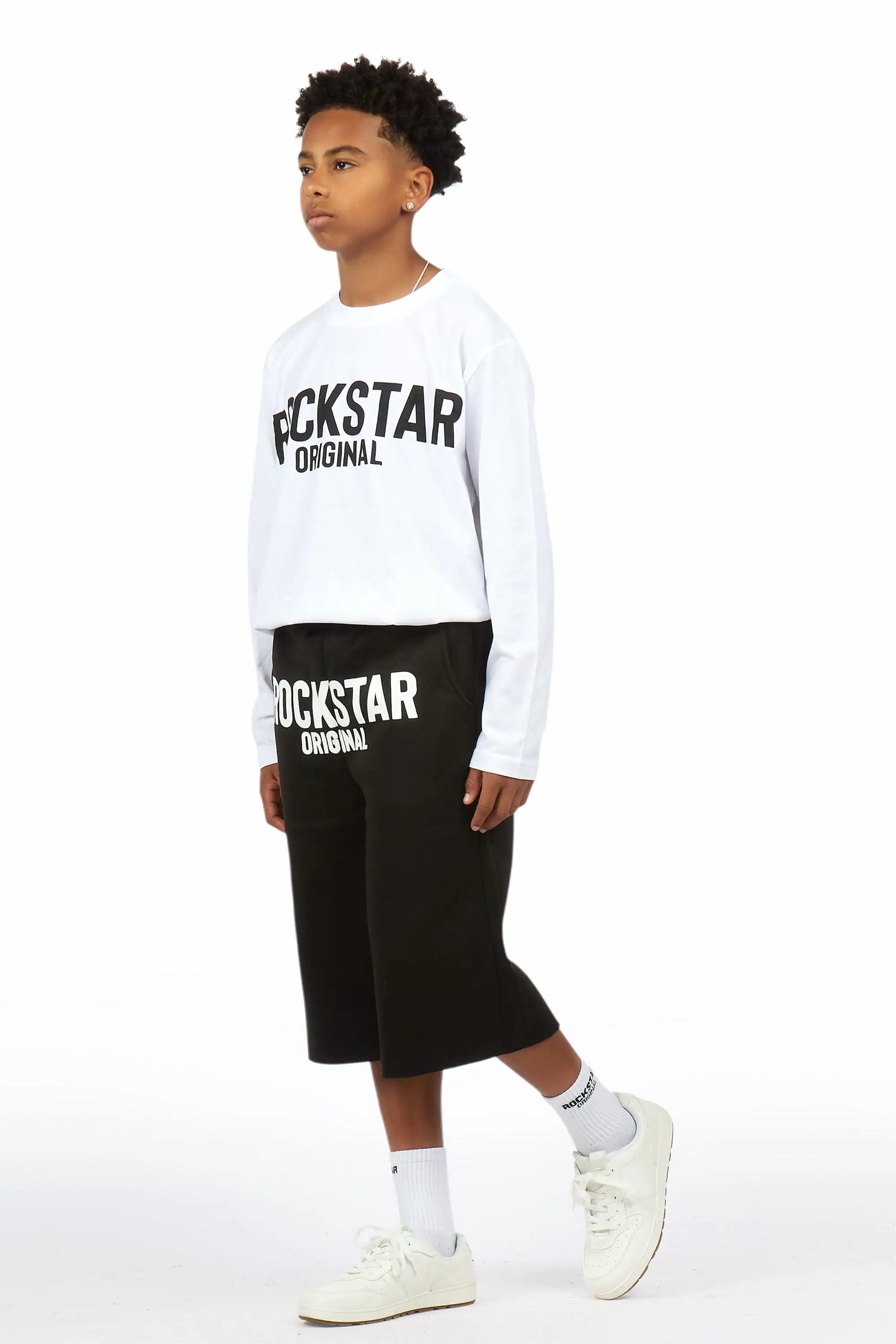 Boys Mikasso White/Black L/S T-Shirt Jort Set