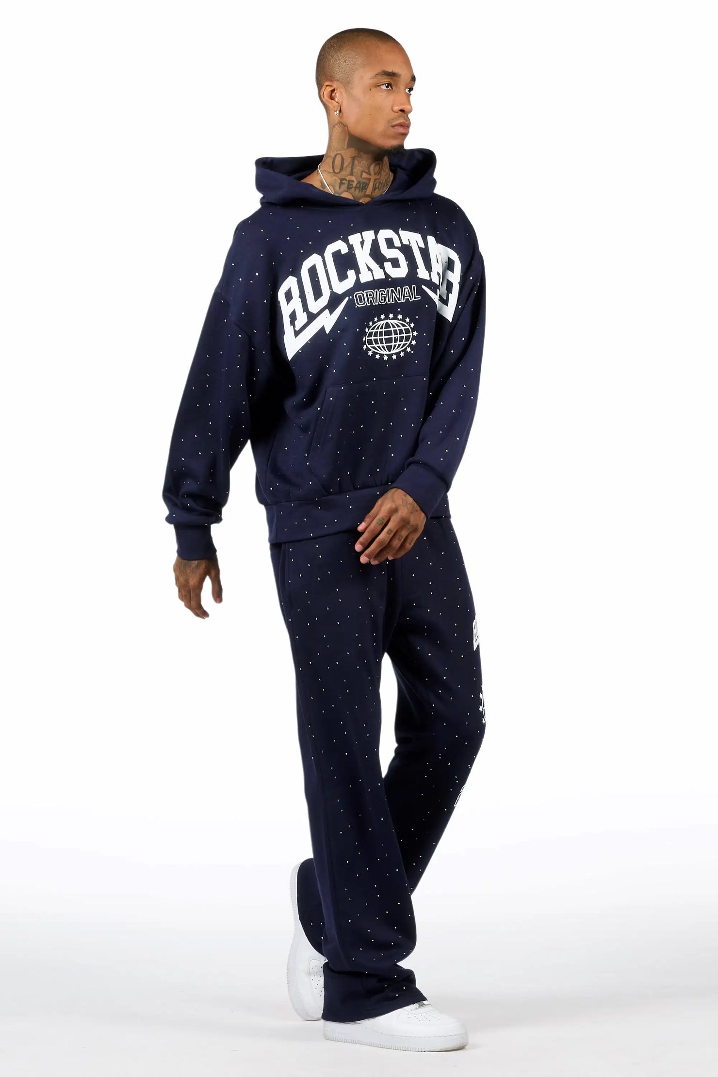 Stori Navy/White Rhinestone Hoodie Relaxed Track Set