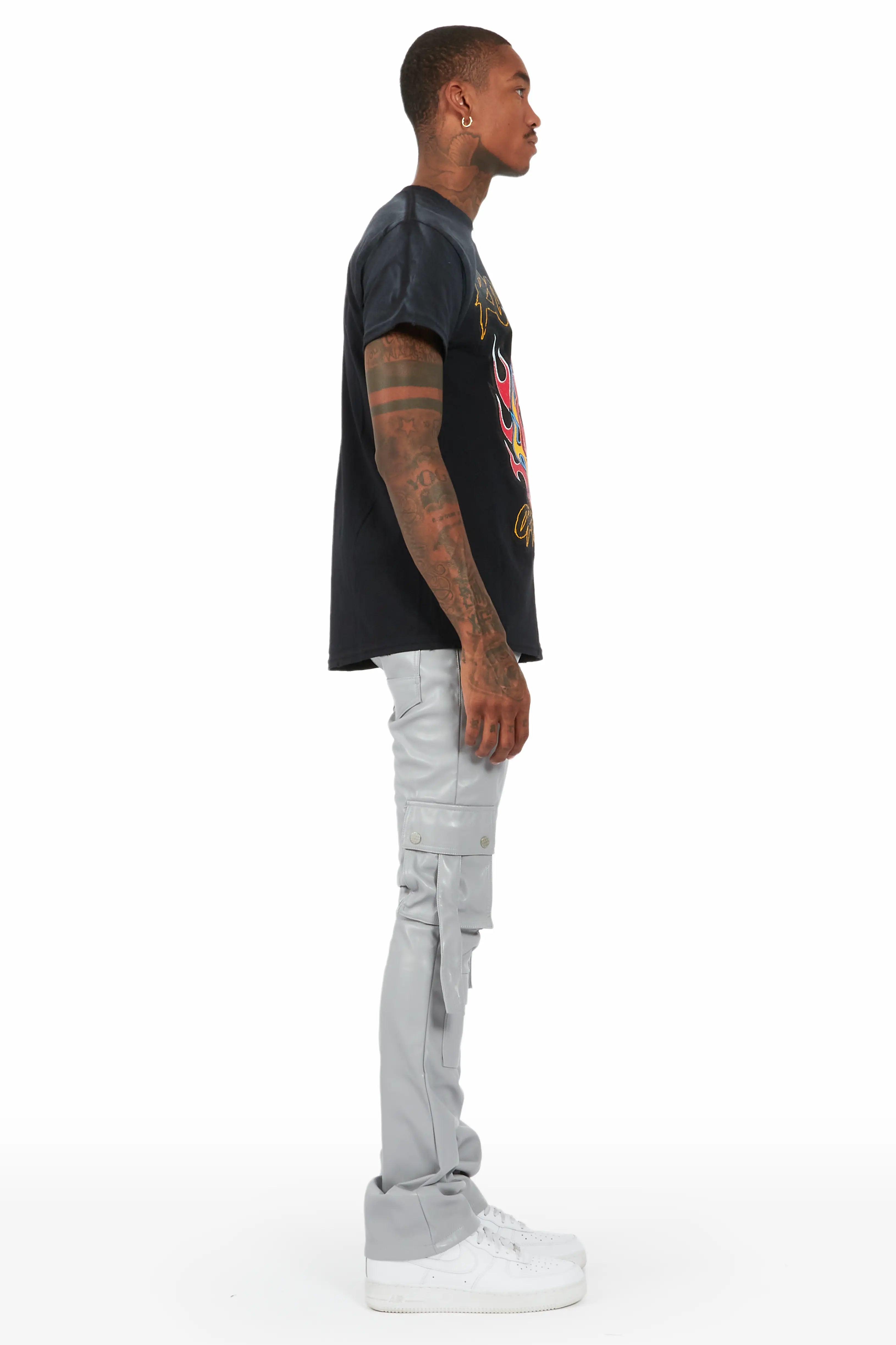 Errol Grey Faux Leather Stacked Cargo Jean