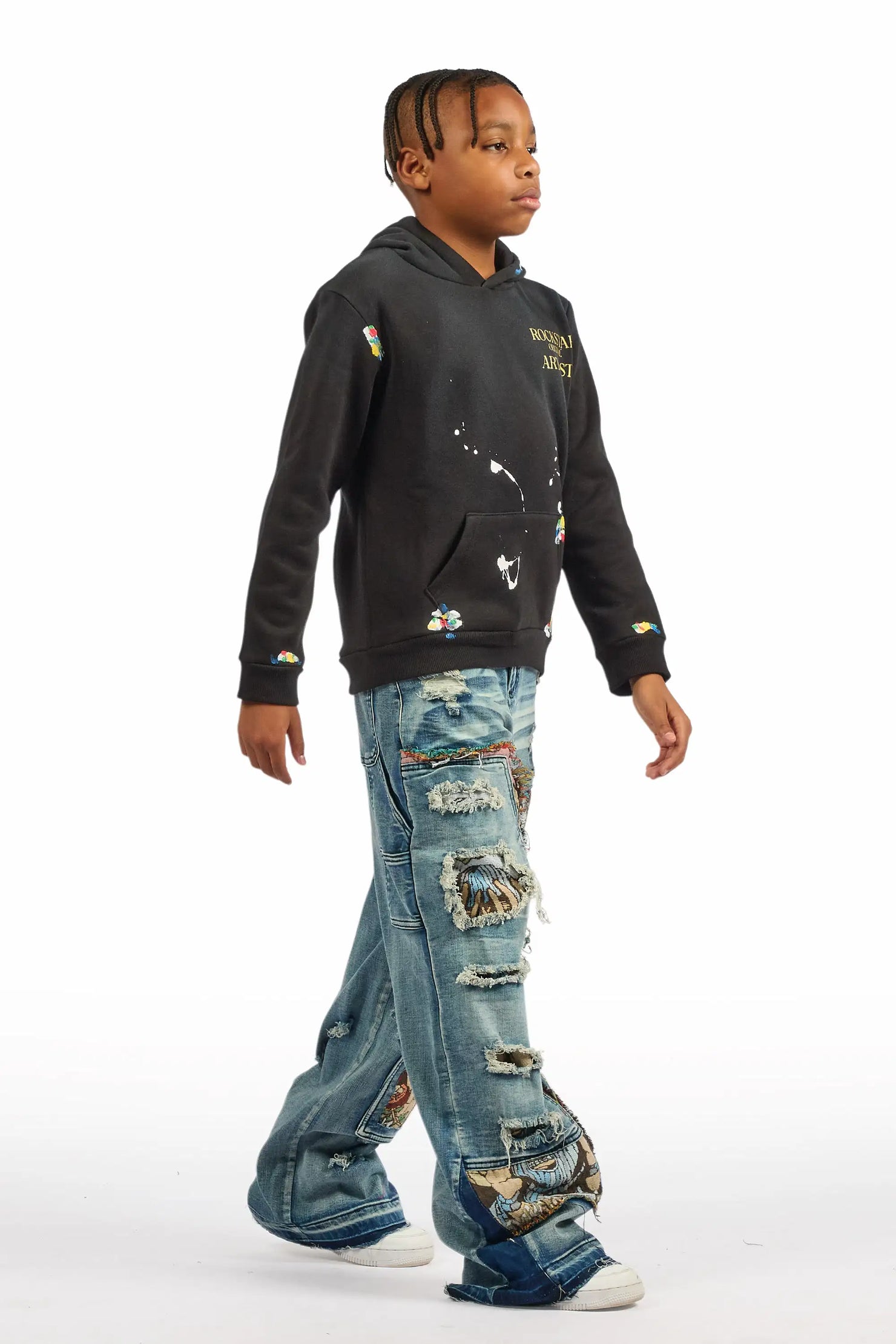 Boys Palmer Black Hoodie & Yanis Blue Baggy Jean Set