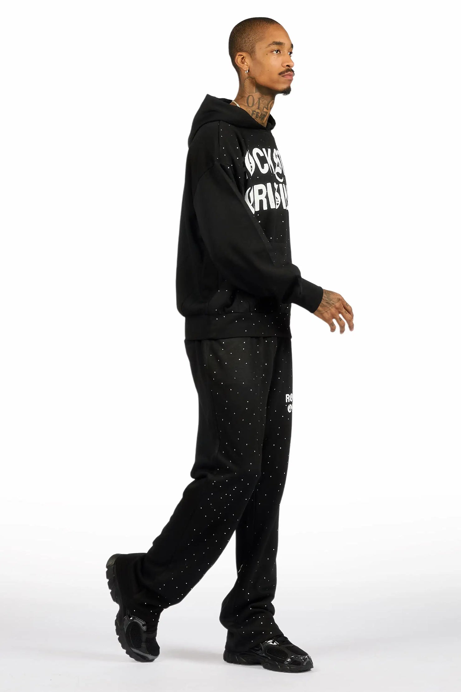 Seren Black/White Rhinestone Hoodie Relaxed Track Set