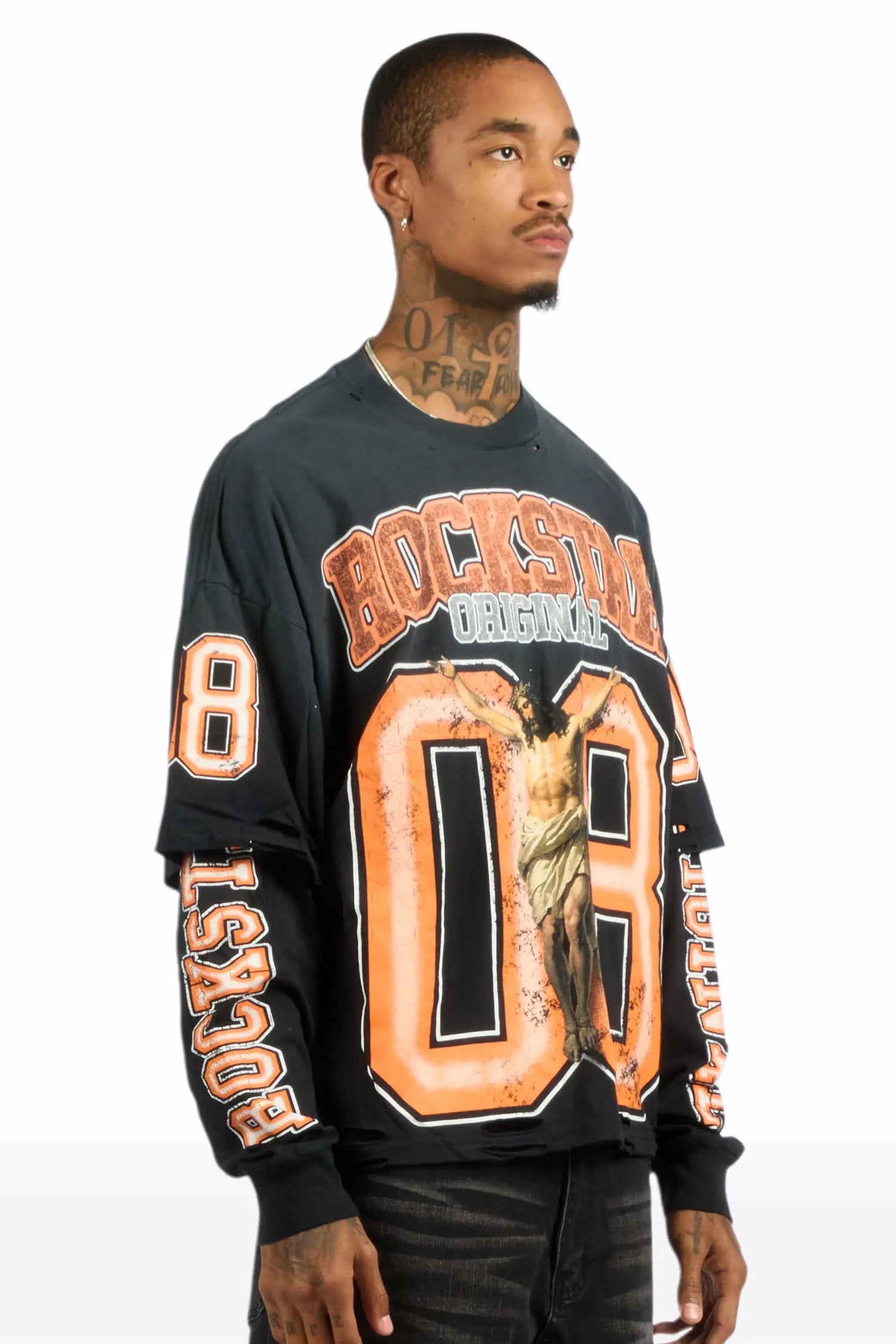 Fields Black/Orange Double Layer Long Sleeve Graphic T-Shirt
