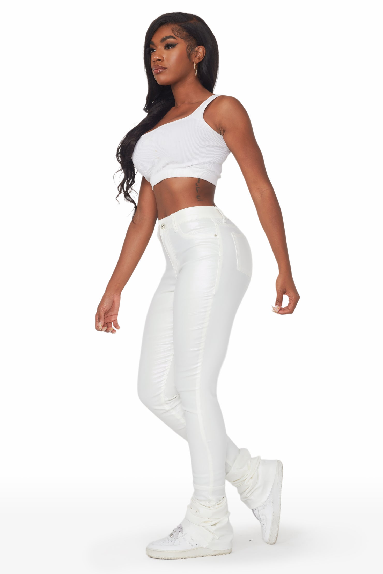 Zaniyah Metallic White PU Super Stacked Pant