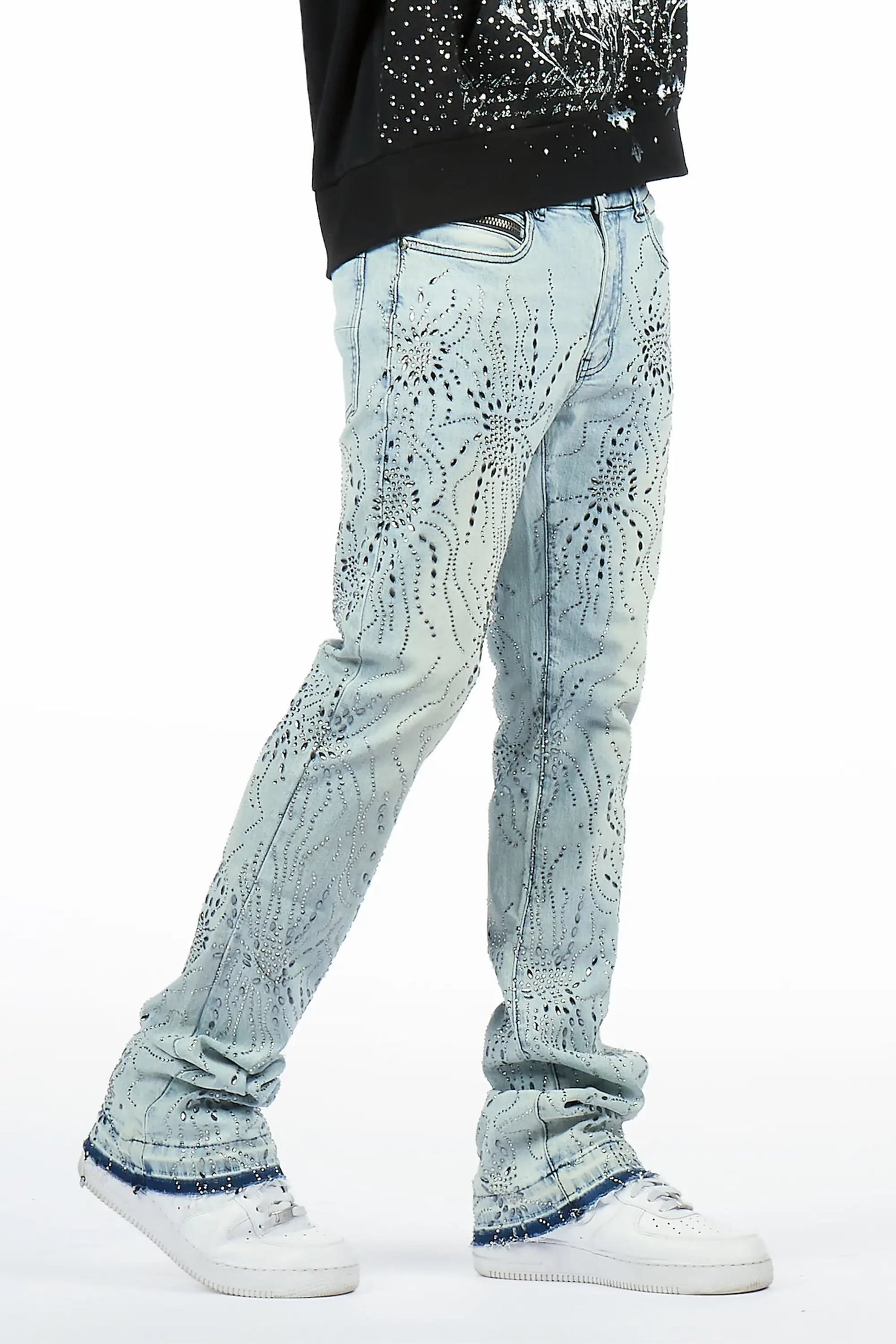 Izai Light Blue Rhinestone Stacked Fit Jean