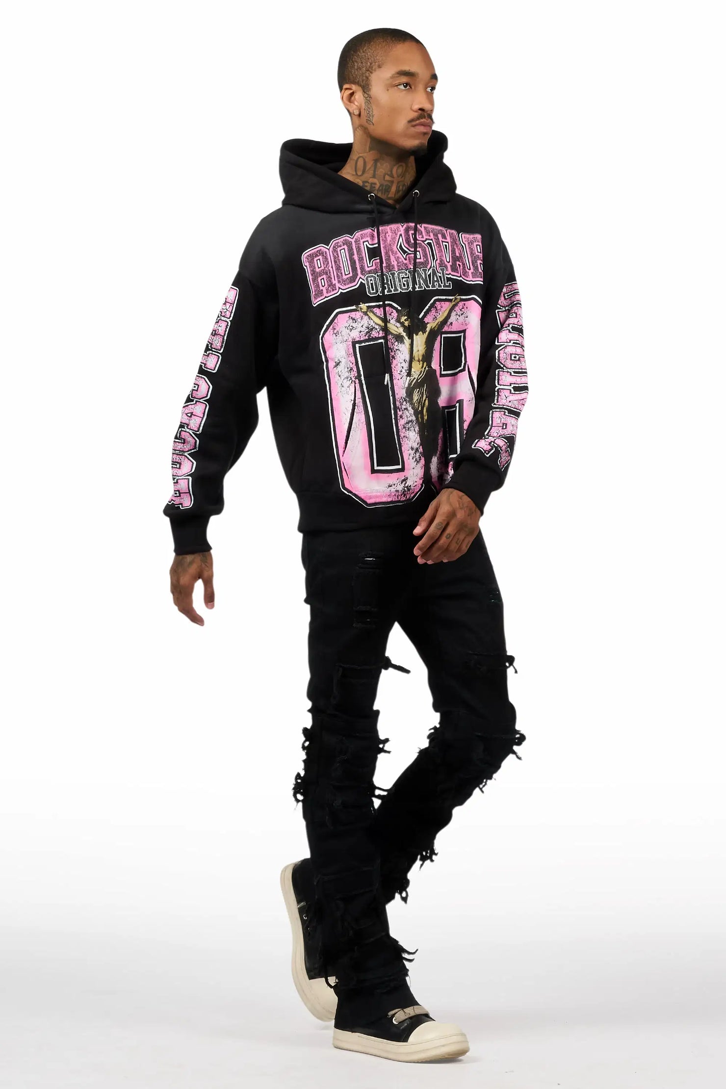 Fields Black Relaxed Hoodie & Vasco Jet Black Stacked Flare Jean Set