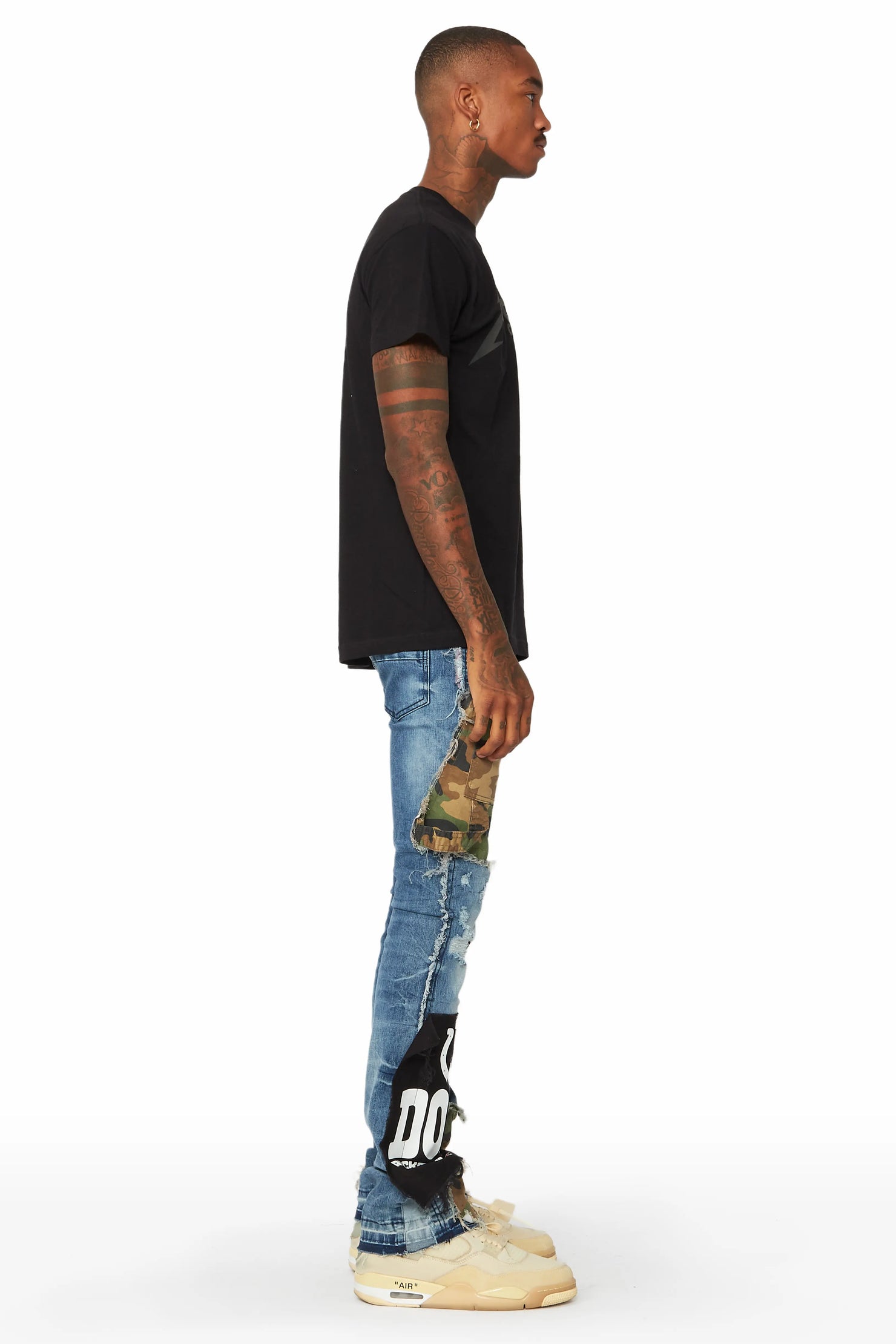 Hugo Blue/Camo Stacked Patchwork Flare Jean