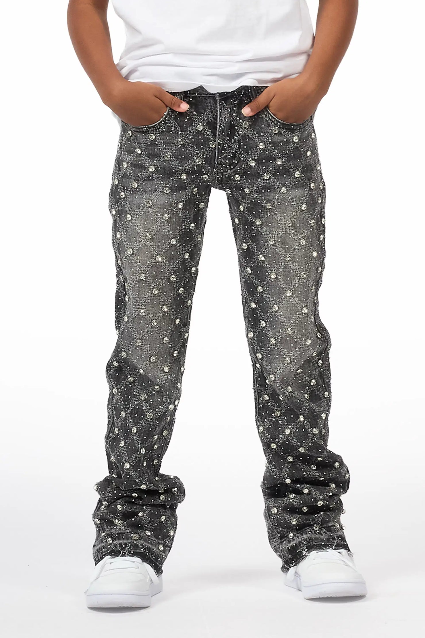 Boys Glit Grey Rhinestone Stacked Flare Jean