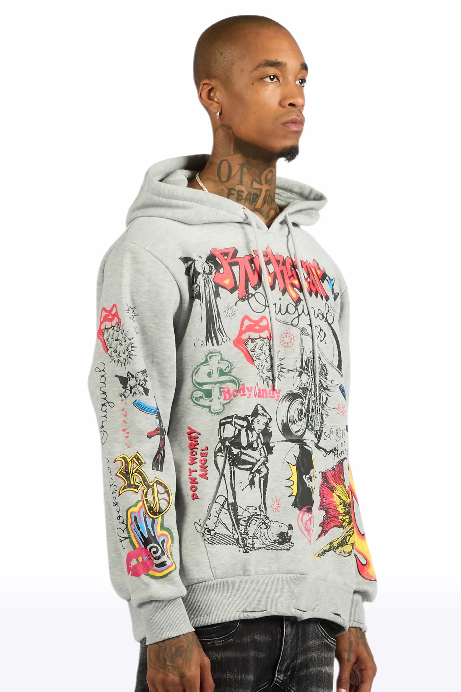 Shootah Heather Grey Distressed Graphic Relaxed Relaxed Hoodie
