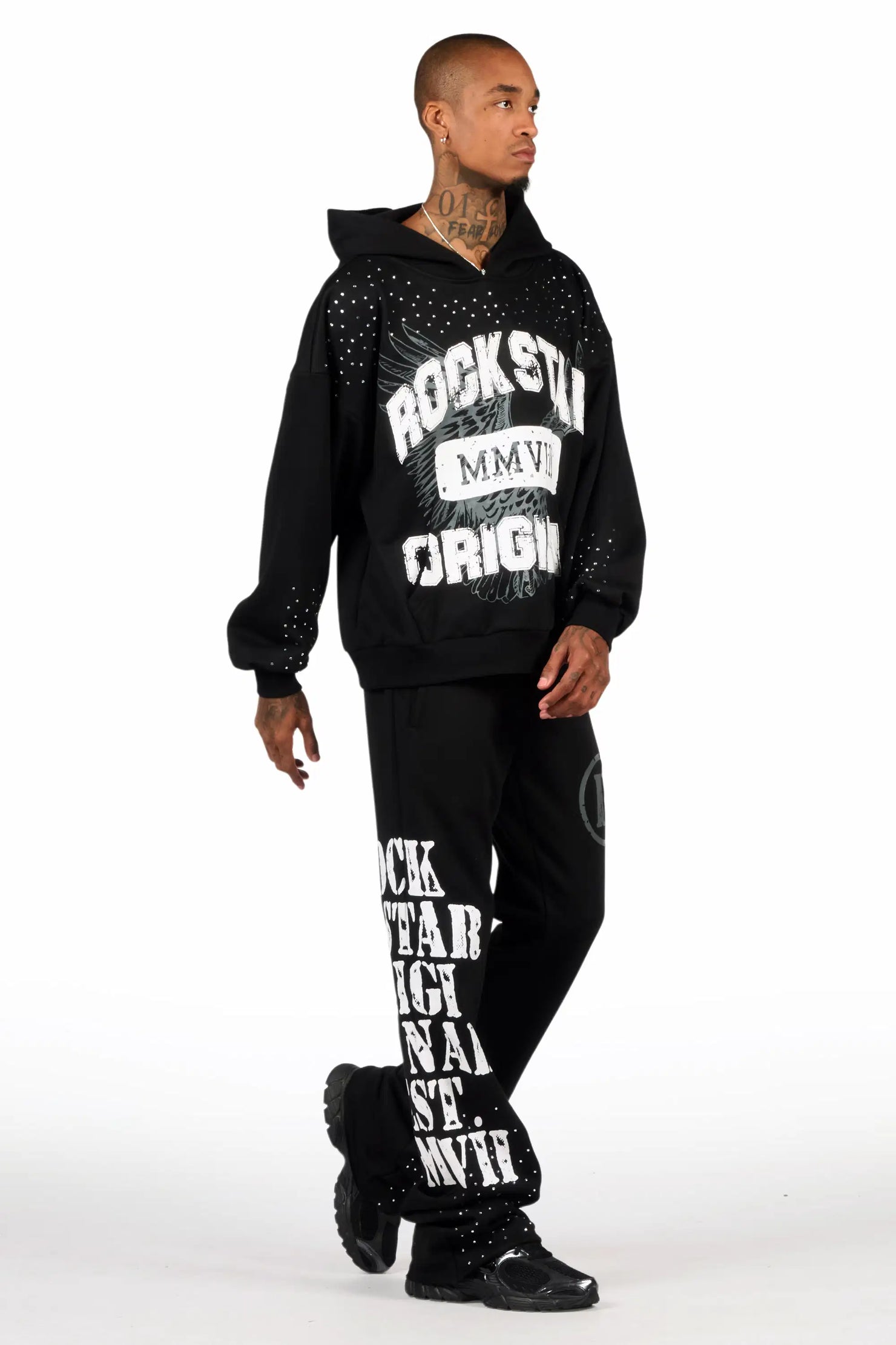 Borya Black Rhinestone Hoodie/Stacked Pant Track Set