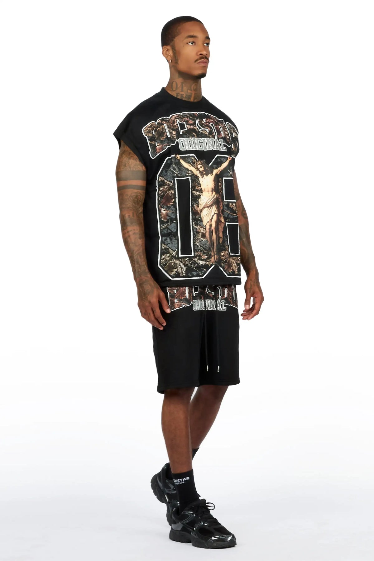 Fields Black Cut Sleeve T-Shirt Short Set