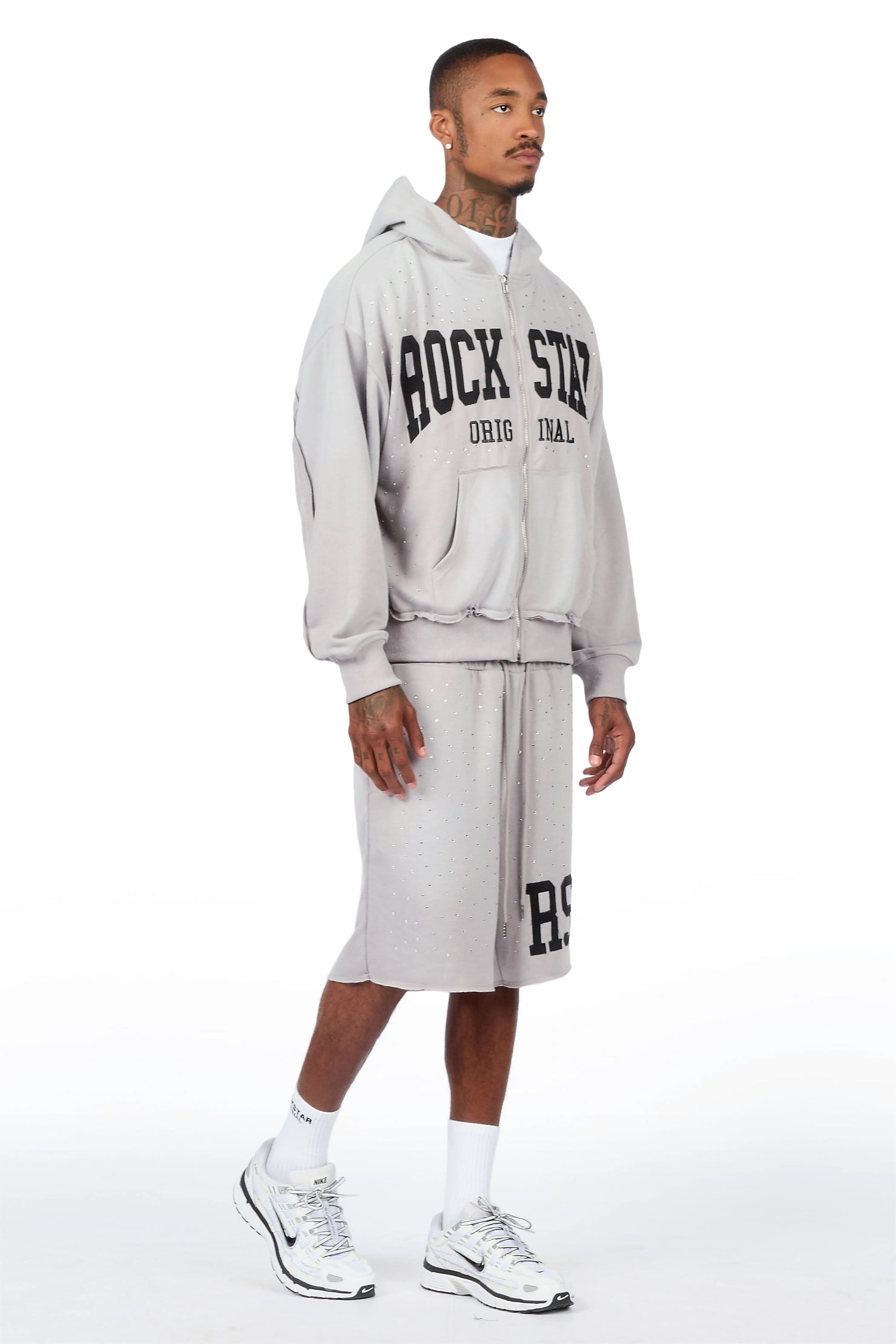 Akila Grey Rhinestone Hoodie Double Waisted Short Set