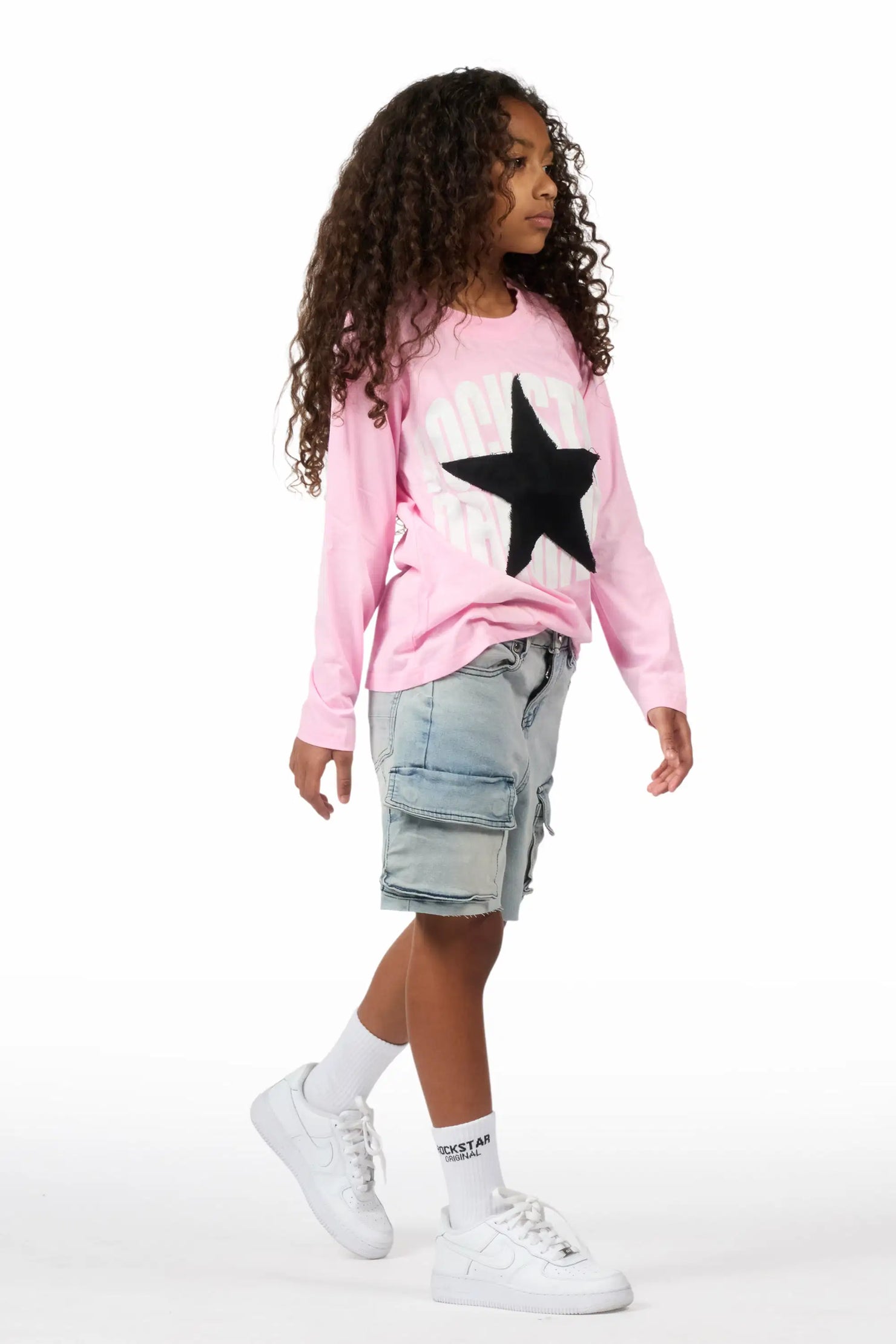 Girls Vary Pink/Black Long Sleeve T-Shirt/Denim Short Set