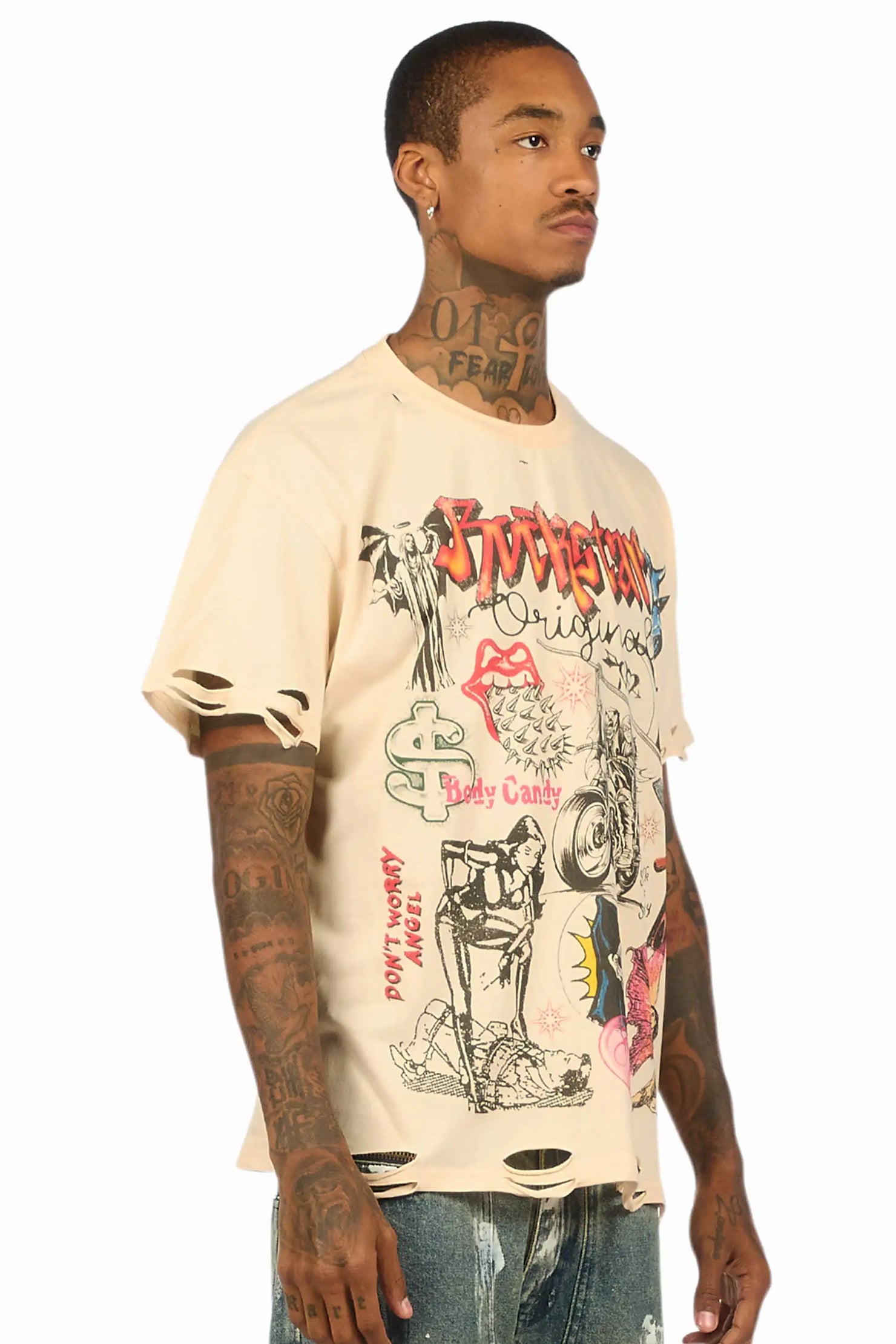 Shootah Beige Oversized Graphic T-Shirt