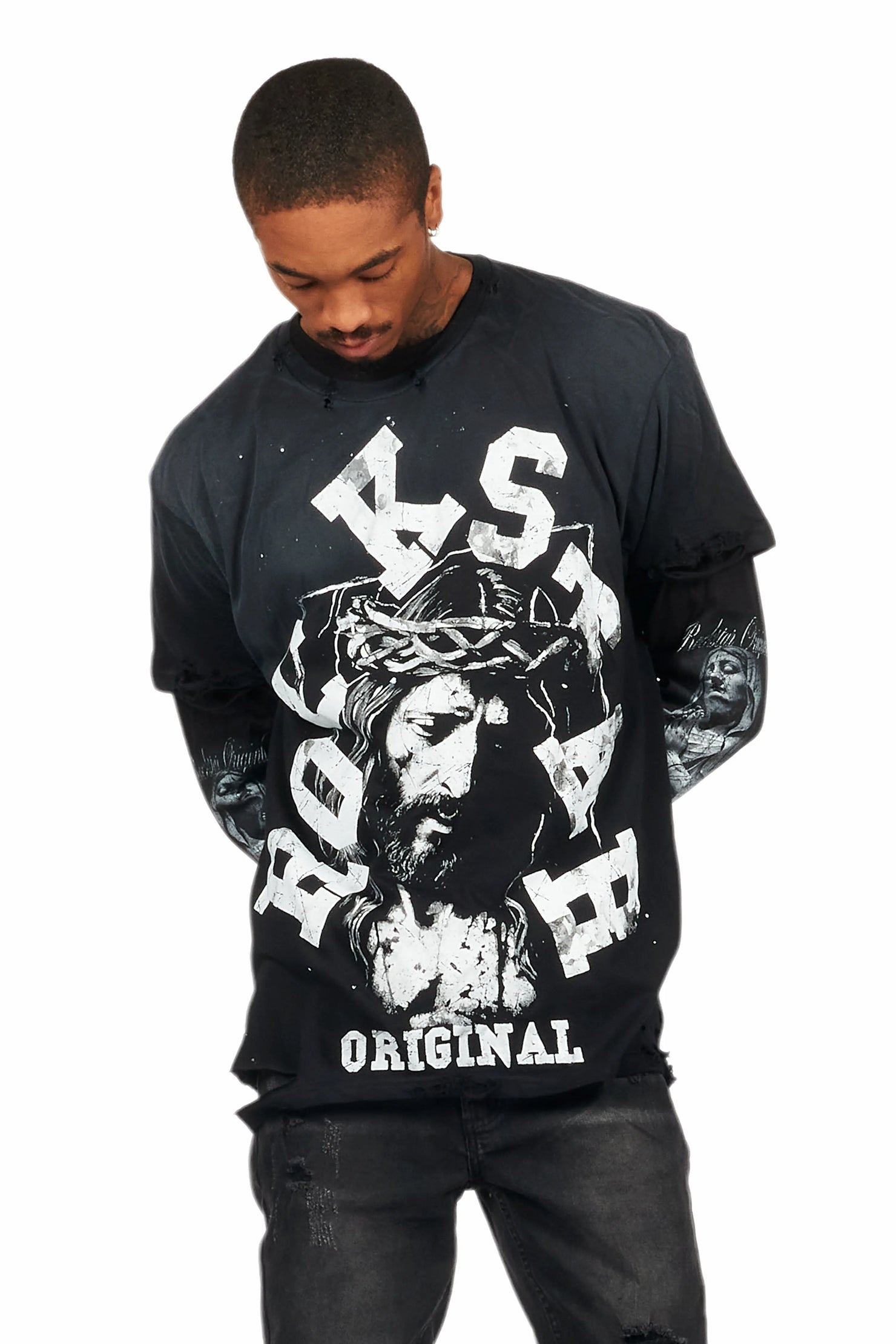 Alfred Black Double Layer Long Sleeve Graphic T-Shirt
