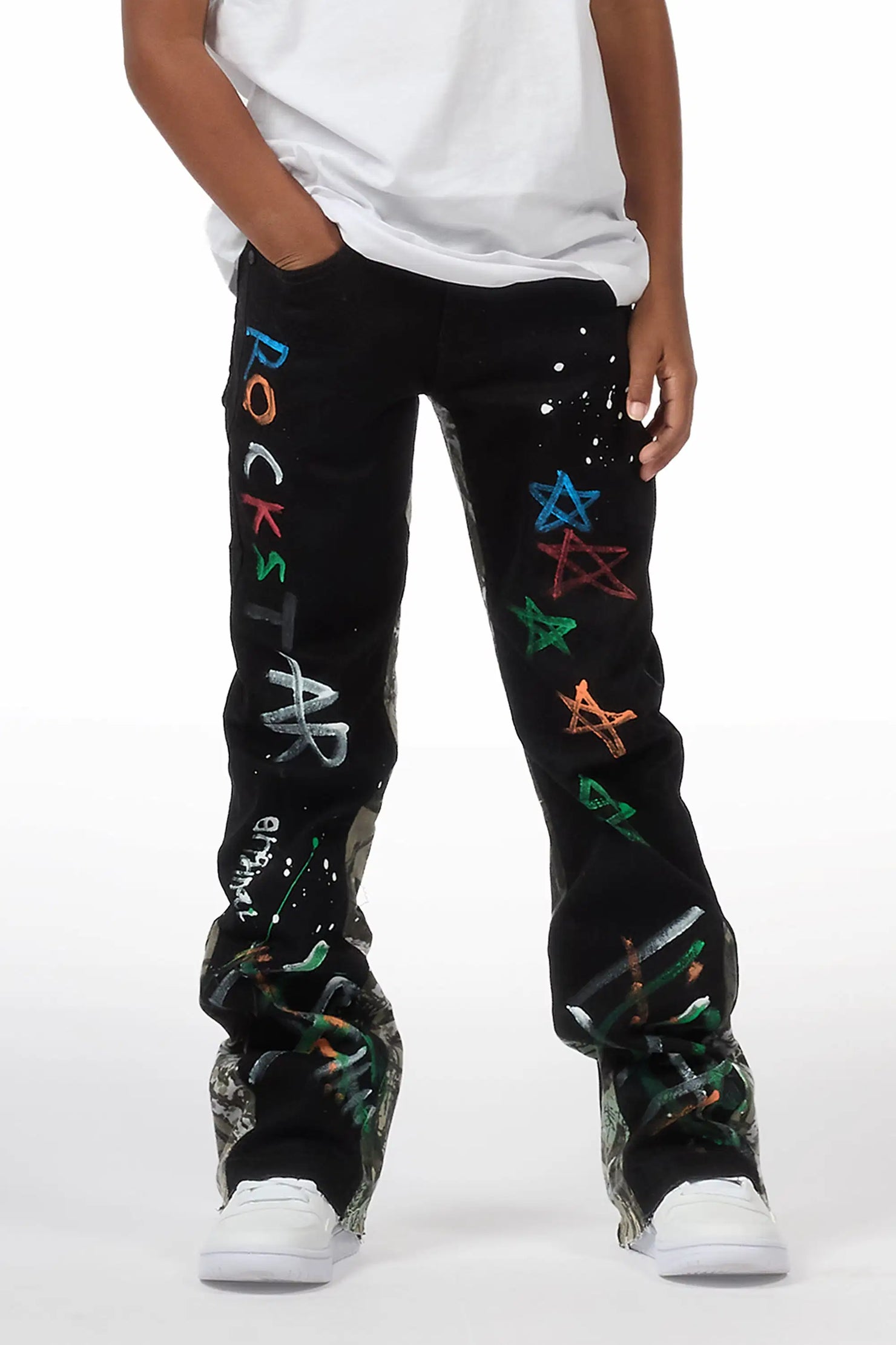 Boys Strass Black Painted Stacked Flare Jean