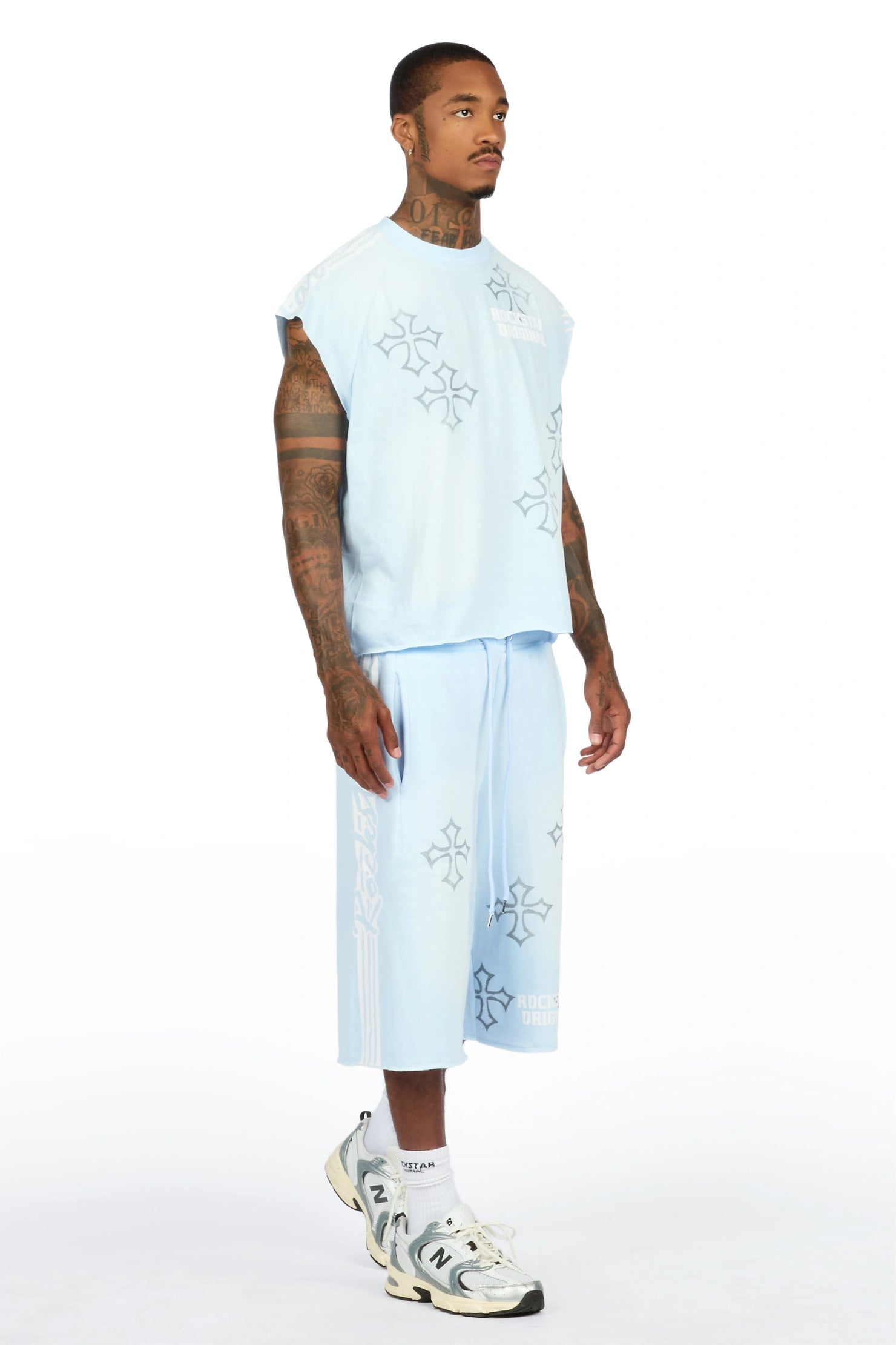 Osso Sky Blue Cut Sleeve T-Shirt Double Waisted Jort Set