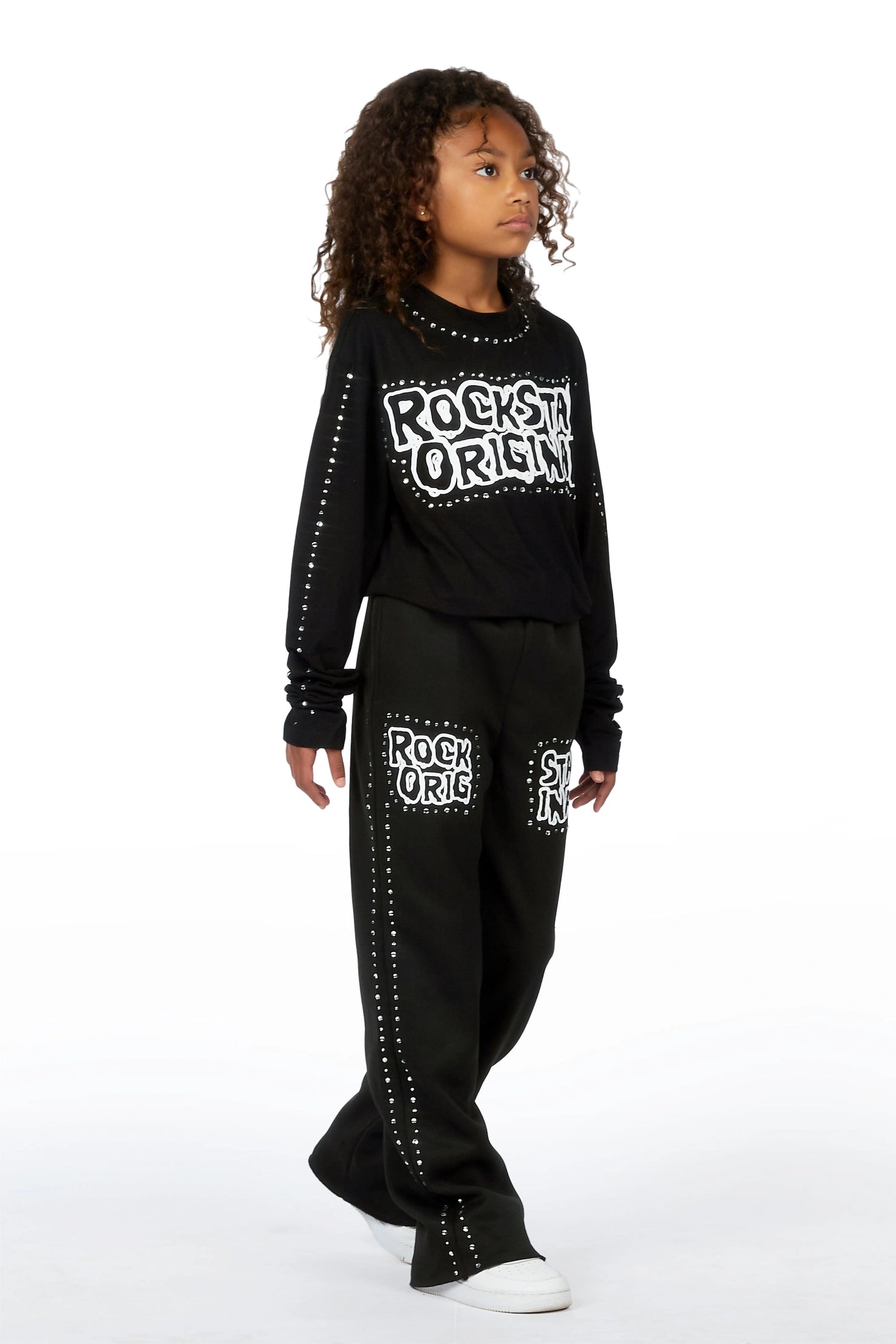 Girls Merca Black Rhinestone Long Sleeve Shirt Relaxed Track Set