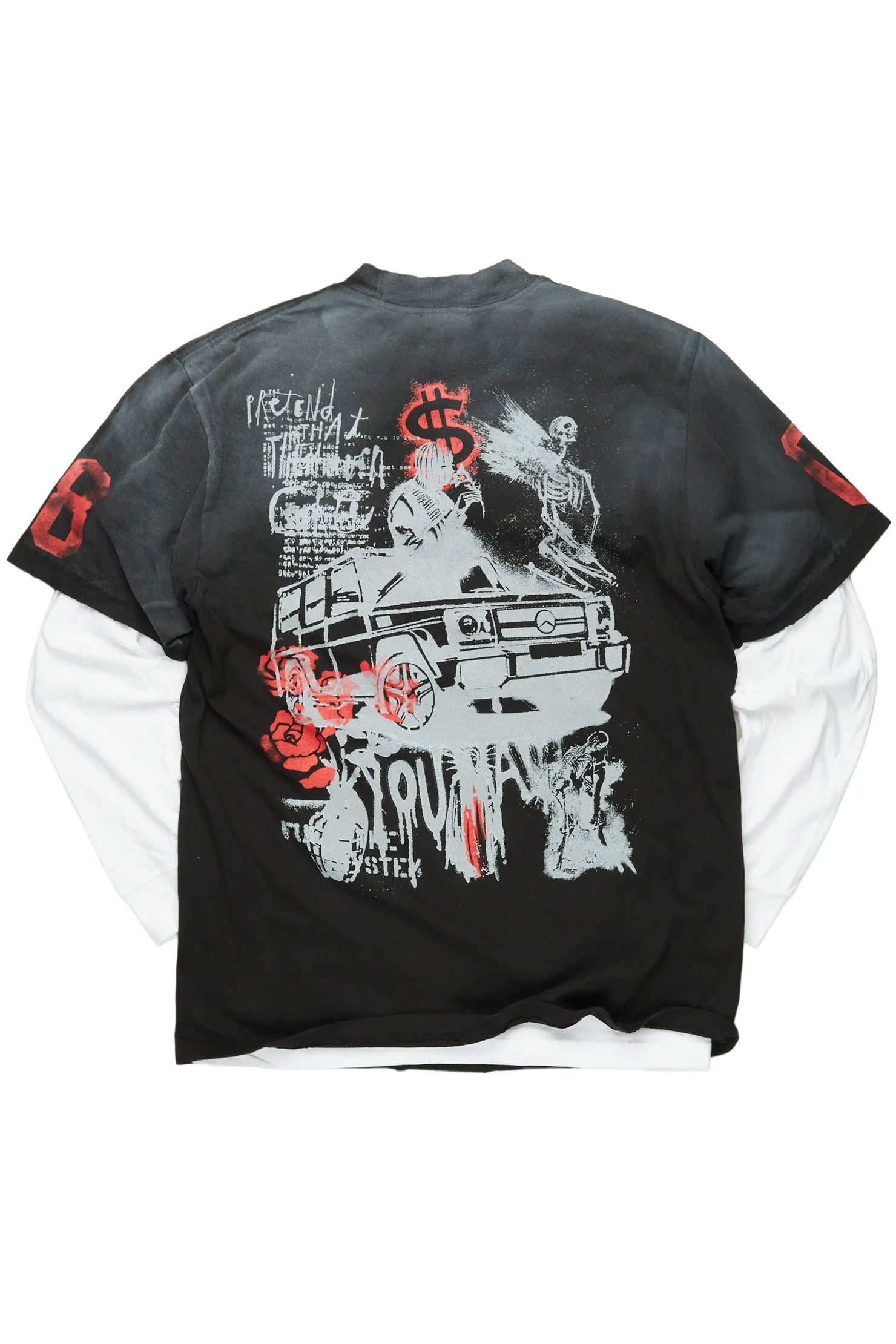 Grill Black Double Layer Long Sleeve Graphic T-Shirt