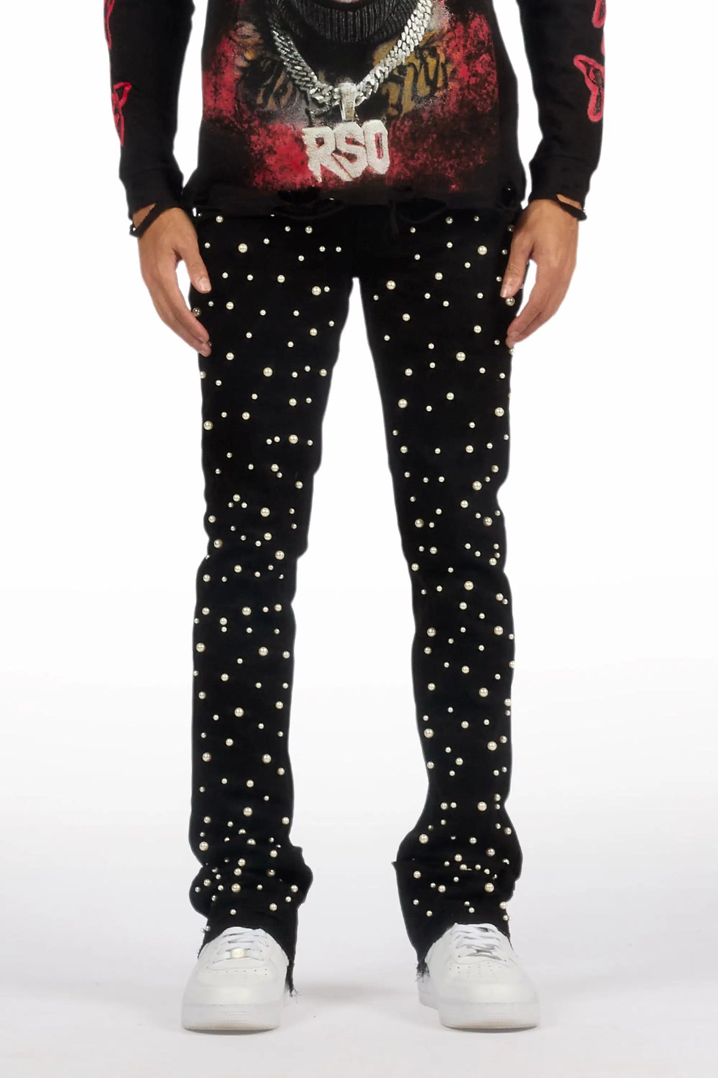 Phreal Jet Black Rhinestone Stacked Flare Jean