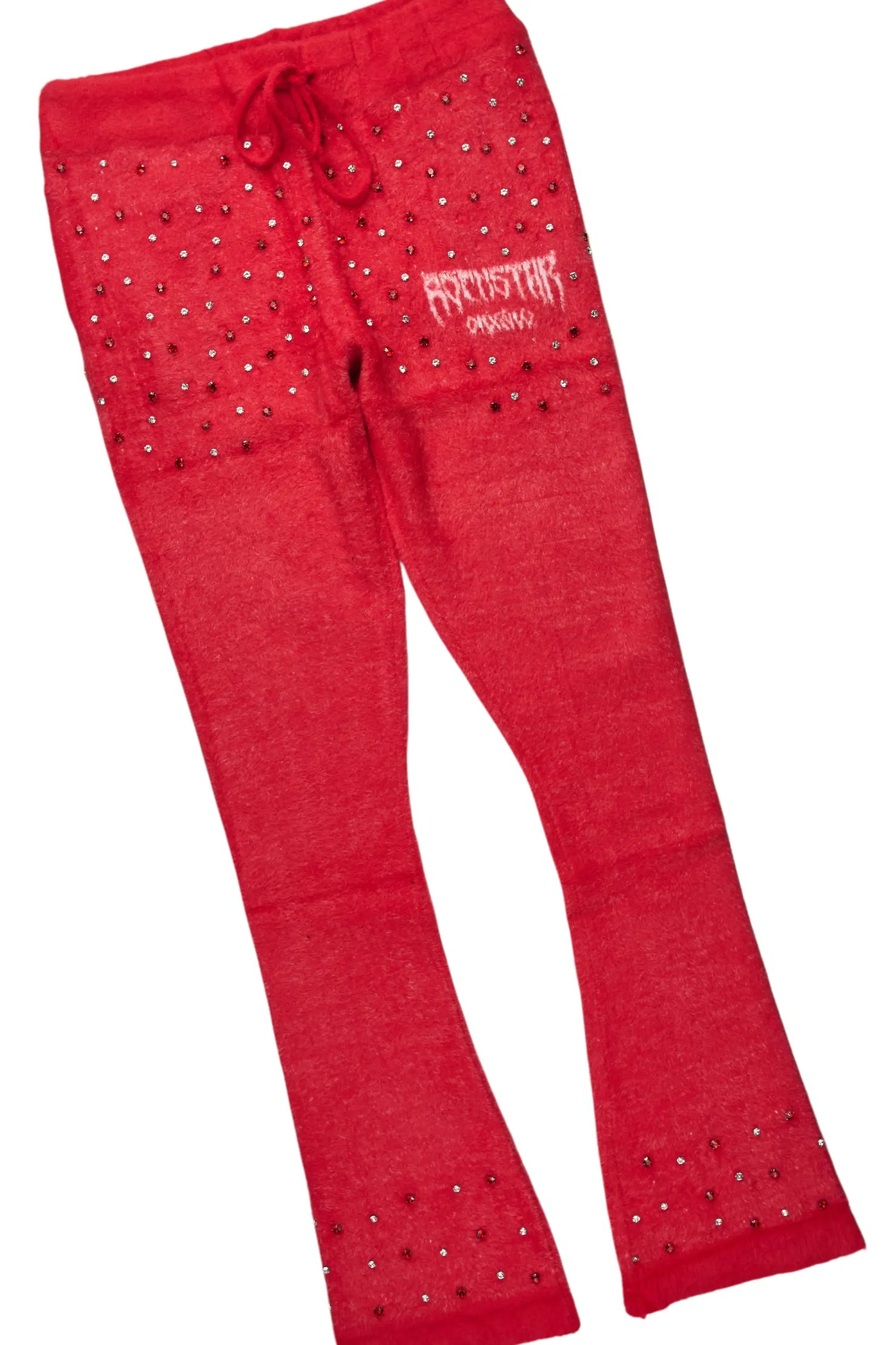 Lapiz Red Rhinestone Mohair Knit Stacked Flare Track Set