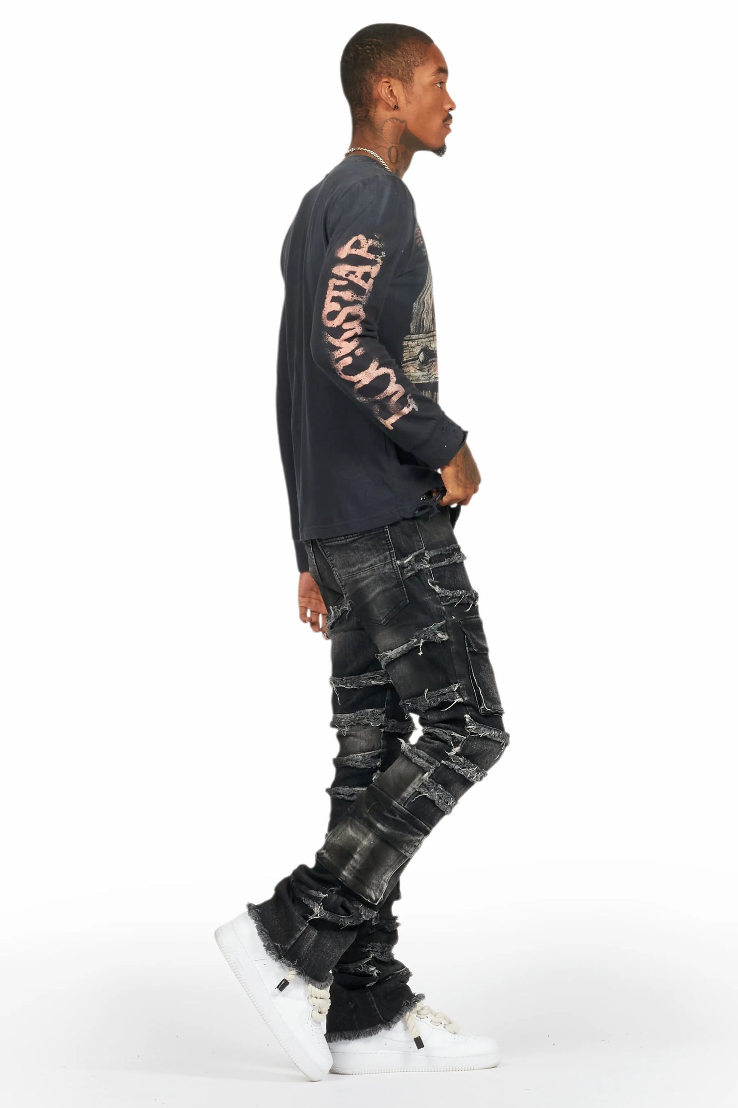 Yves Black Stacked Flare Cargo Jean