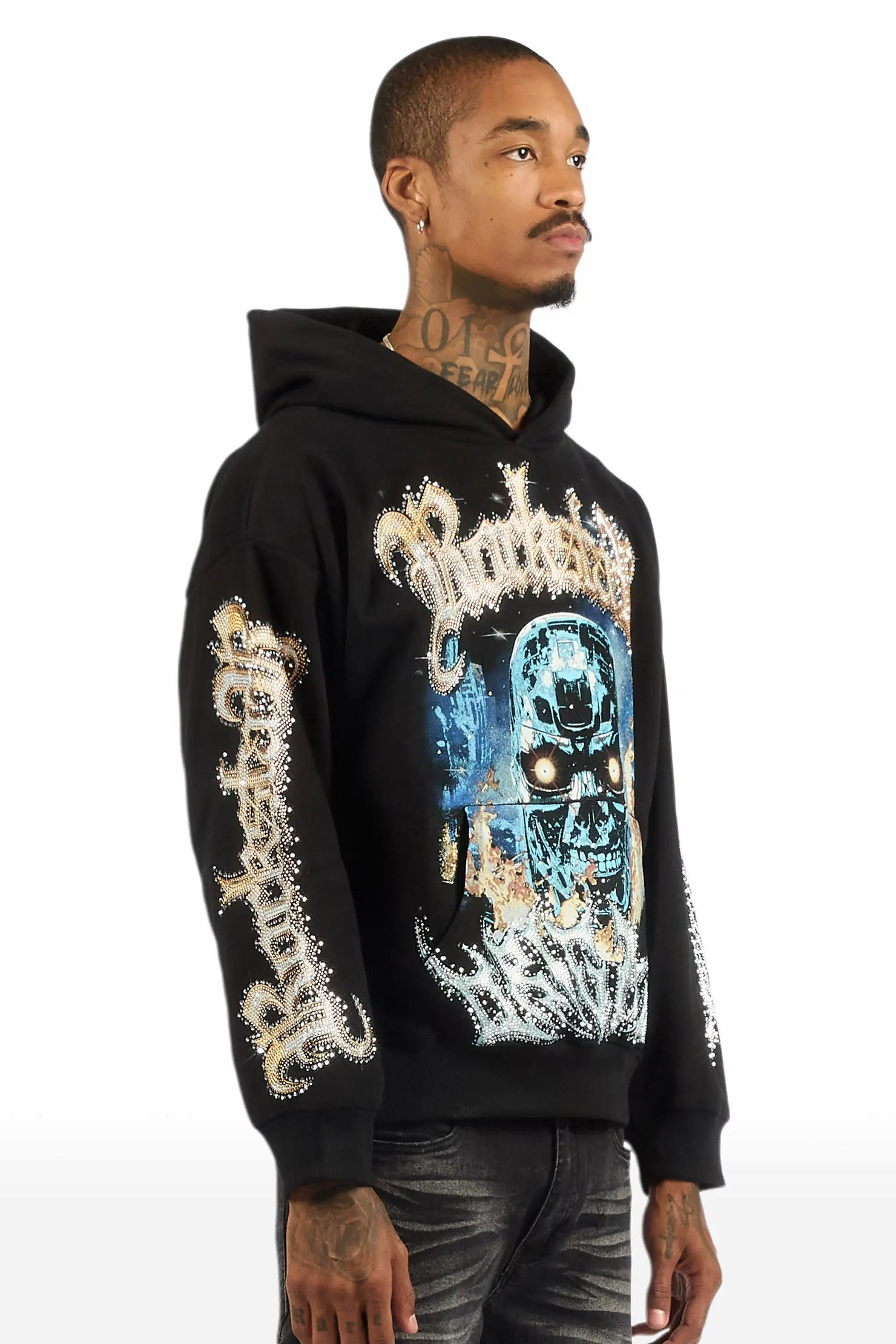 Mesin Black Rhinestone Oversized Hoodie
