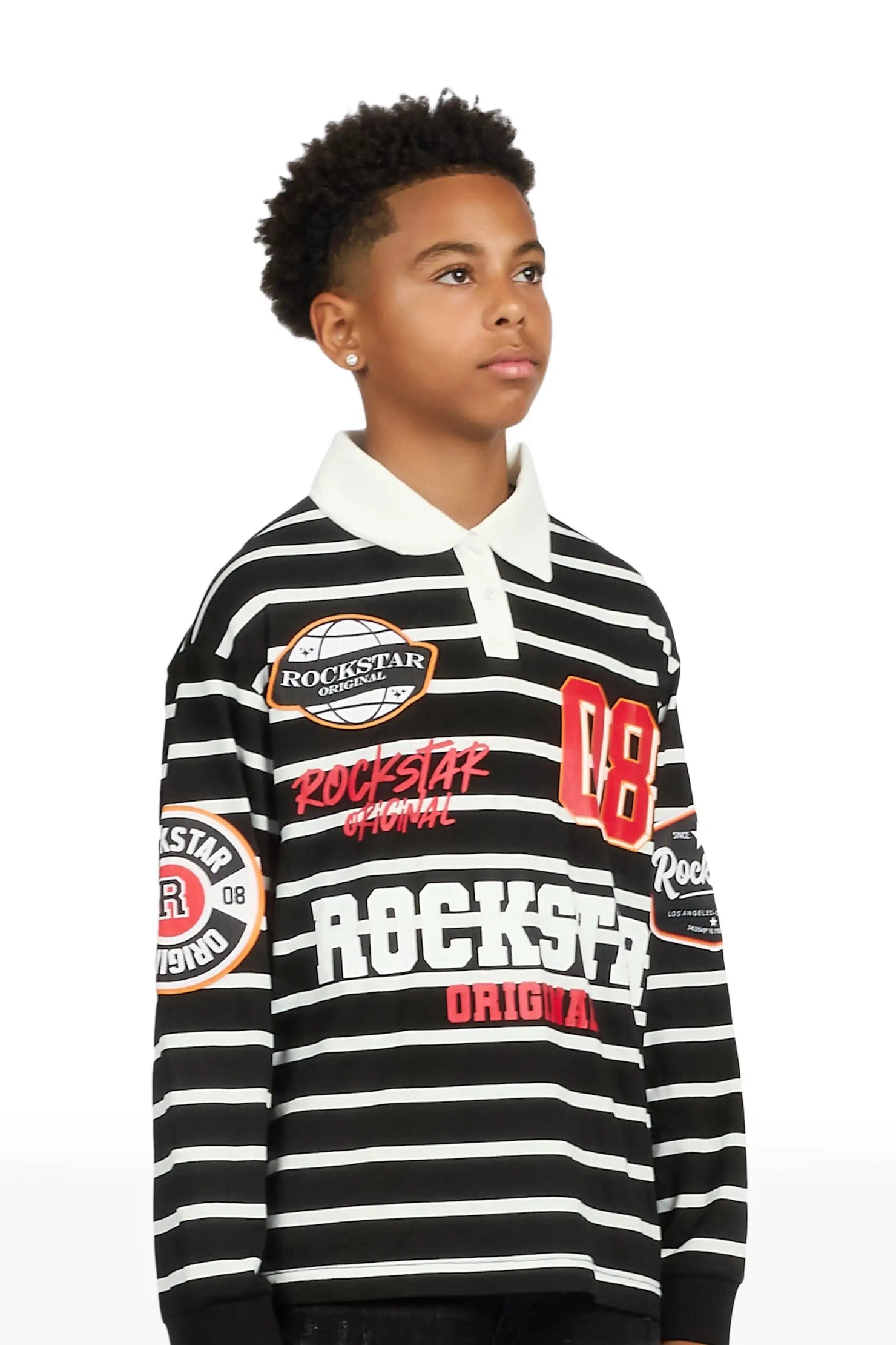 Boys Genis Black/White Long Sleeve Polo