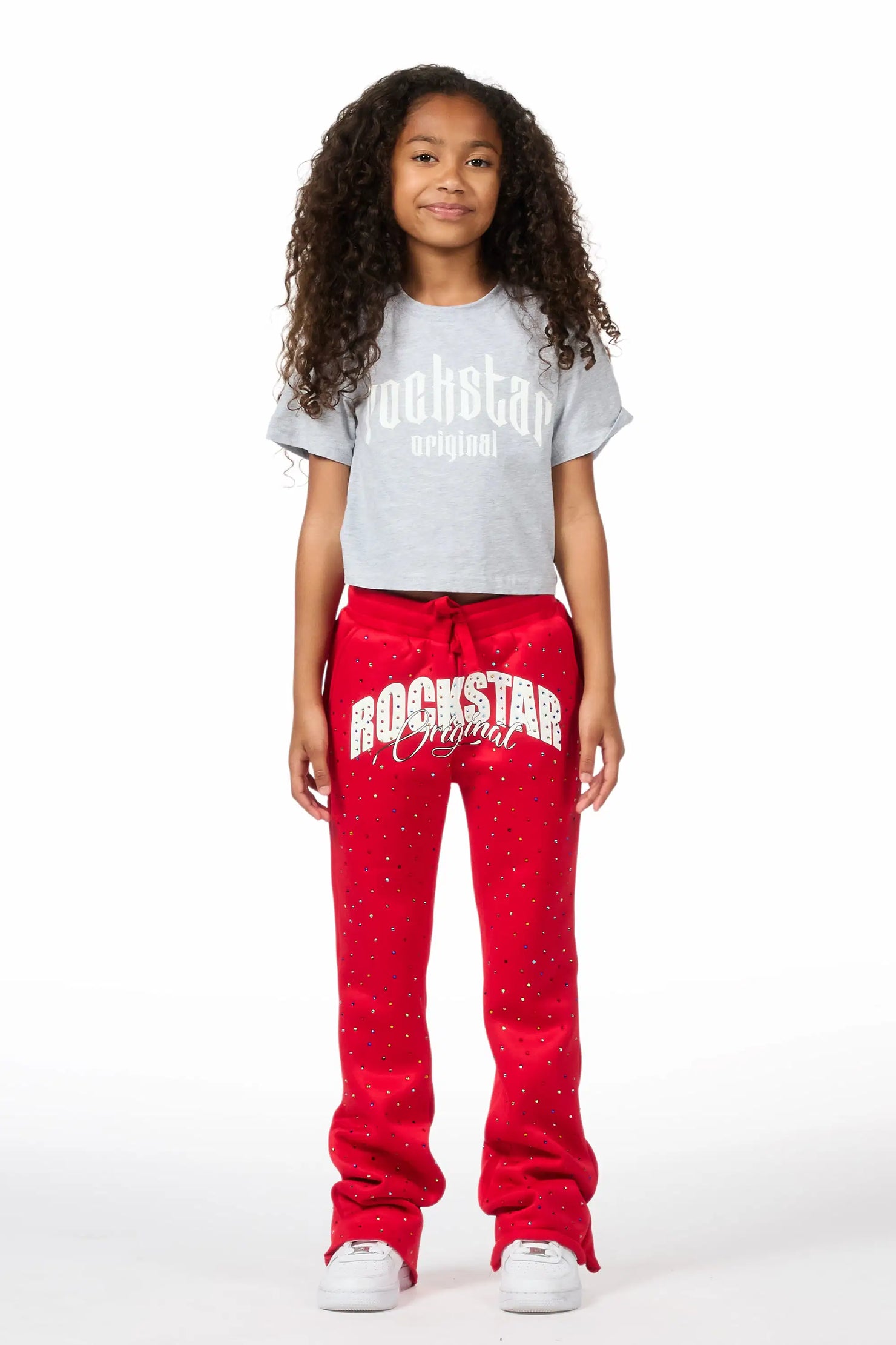 Girls Franchesca Red Rhinestone Stacked Track Pant